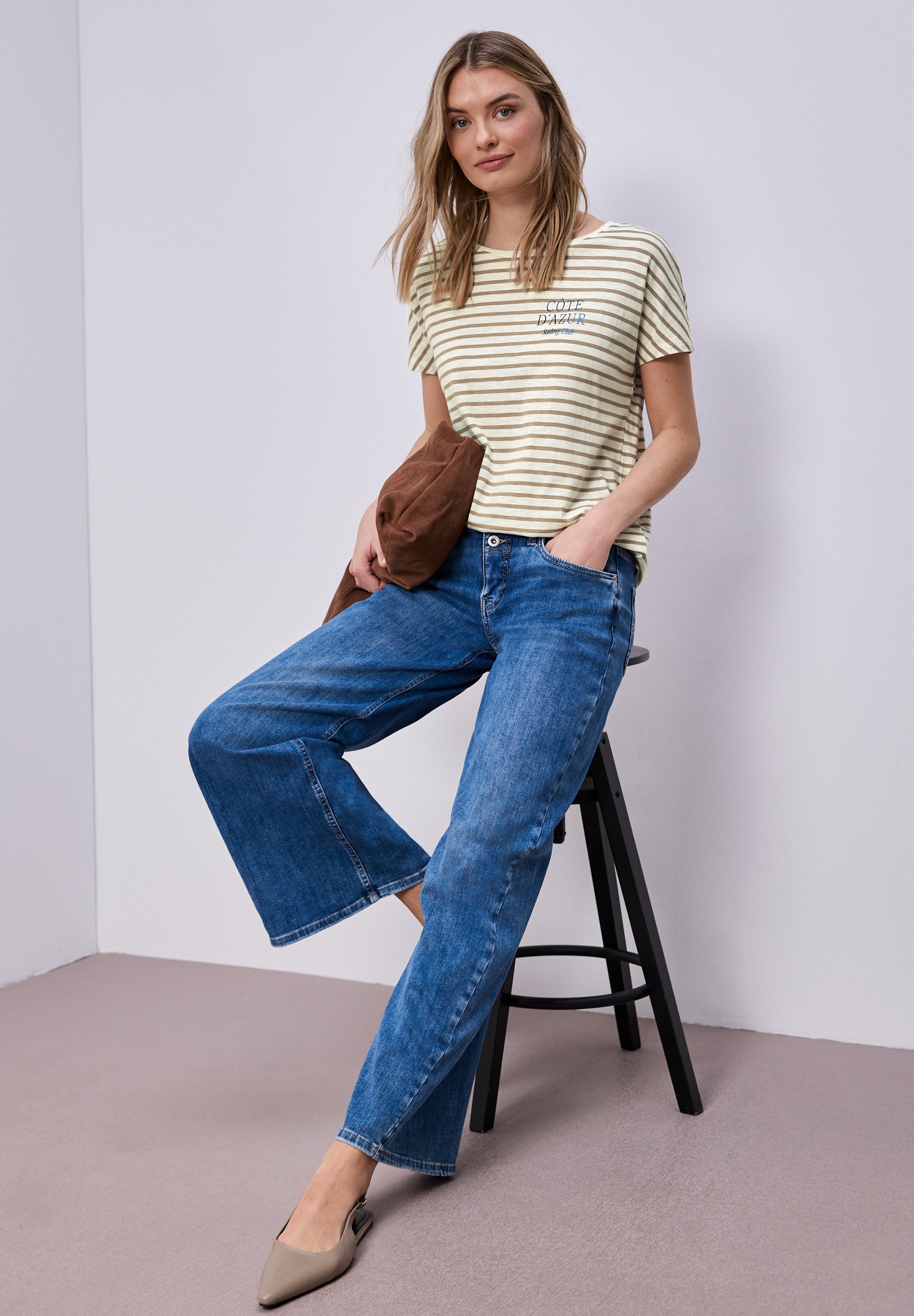 Rundhalsshirt STREET ONE, Damen, Gr. 40, safari beige, Jersey, Obermaterial: 50% Baumwolle, 50% Modal, bedruckt, gestreift, normal hüftbedeckend, Rundhals, abgesteppte Kante, Shirts Rundhalsshirt, Sommershirt mit Streifen 3