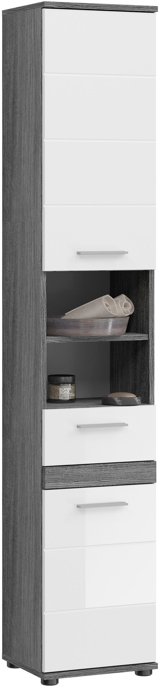 welltime Hochschrank "LUCCA, Breite 35cm, 2 Türen, 1 Schubkasten, 2 Fächer" MDF-Front, Türanschlag wechselbar, Badmöbel, Badschrank, Badezimmer