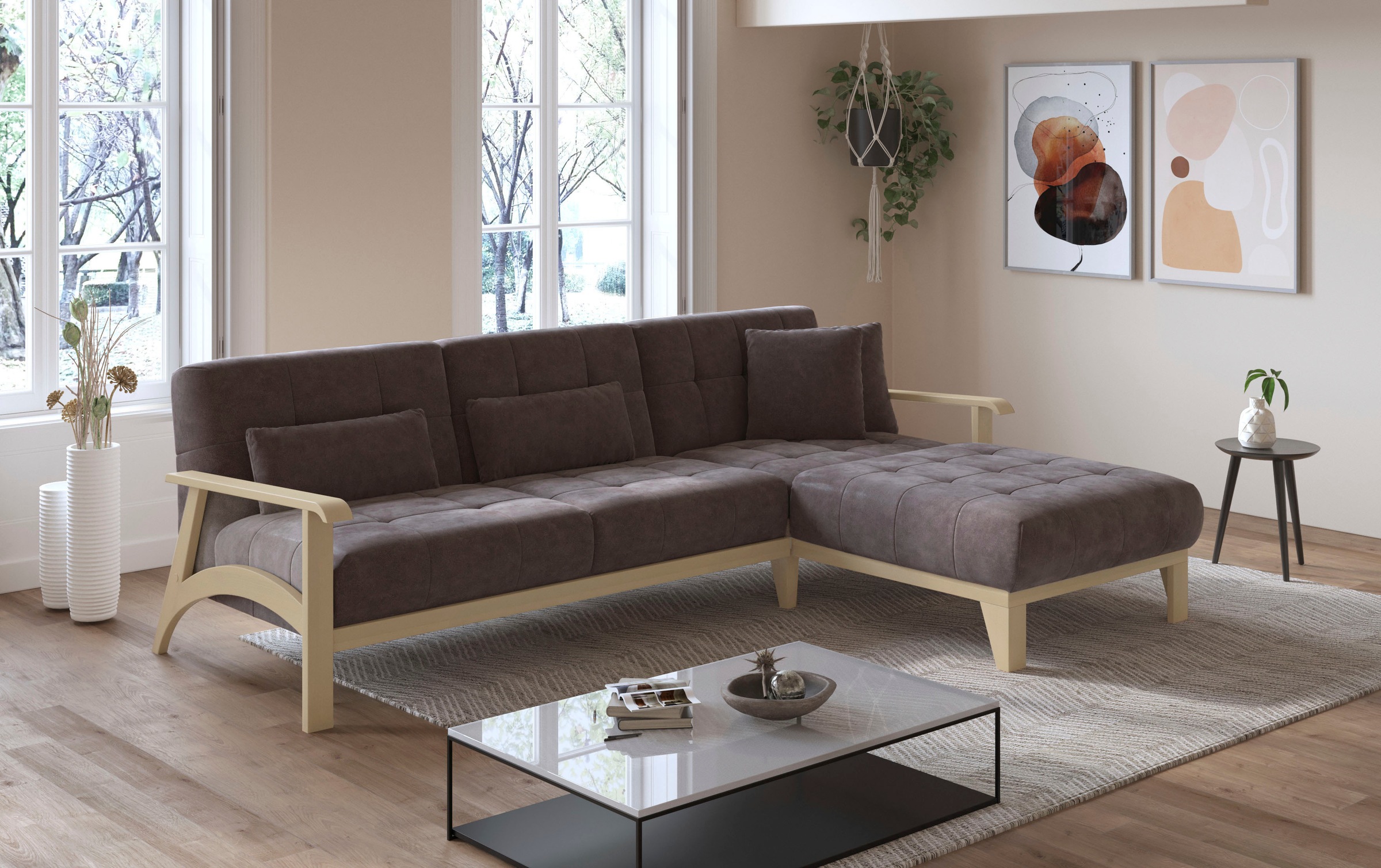 sit&more Ecksofa »Billund L-Form«, Armlehnen aus Buchenholz in natur, verschiedene Bezüge und Farben