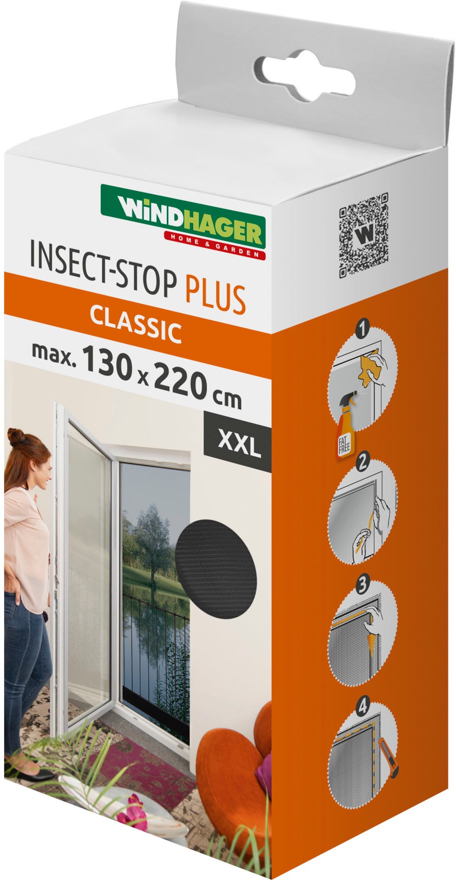 WINDHAGER Fliegengitter-Gewebe "Plus für bodentiefe Fenster, Balkon- und Terrassentüren, ohne Bohren", B/H: 130cm x 220cm, weiß,