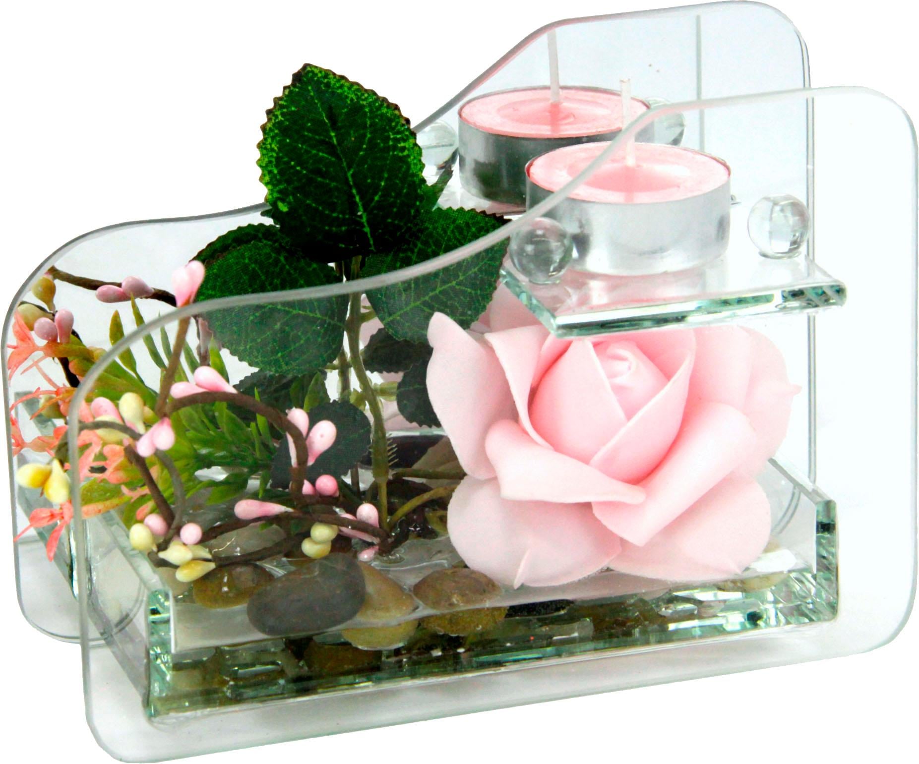 Kunstpflanze »Rose im Glas mit Teelicht«