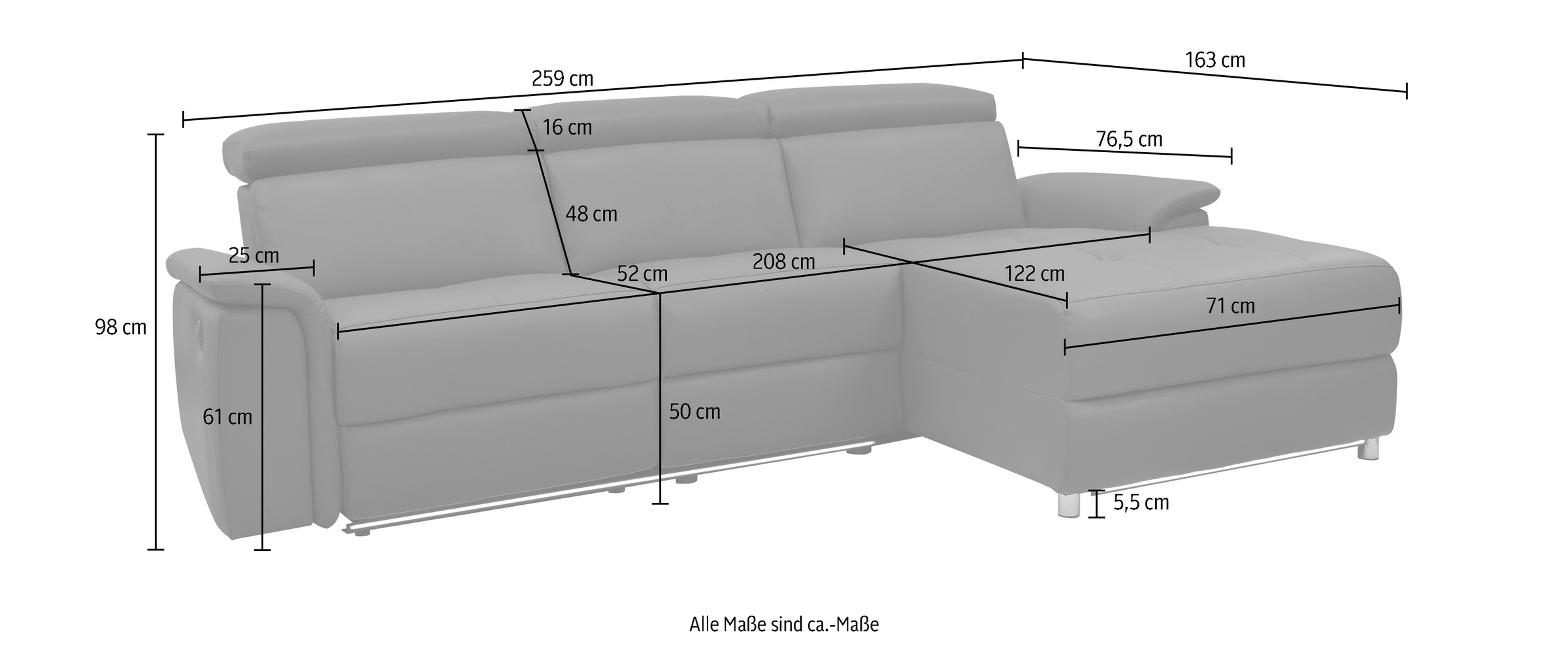 Places of Style Ecksofa »Pareli, L-Form, 259cm,m. Recamiere, Echtleder, Kunstleder, Webstoff«, man. o. elektr. Relaxfunktion, USB/Kopfteilverstellg u. LED