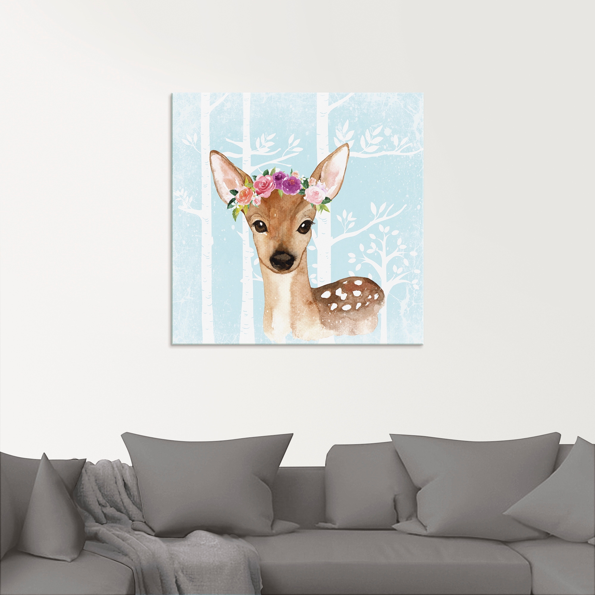 Artland Glasbild »Wild Reh mit Blumen im blauen Wald«, Tiere, (1 St.), in verschiedenen Größen
