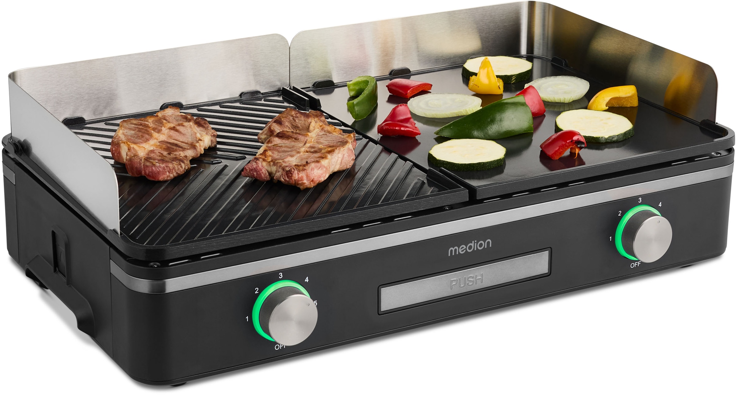 Medion® Tischgrill »MD12027, mit Dual-Zonen-System, 2,400 Watt, 2 abnehmbare Platten«, 2400 W, bis max. 240 °C, PFAS Frei, LED-Statusanzeige, IPX4-Schutz