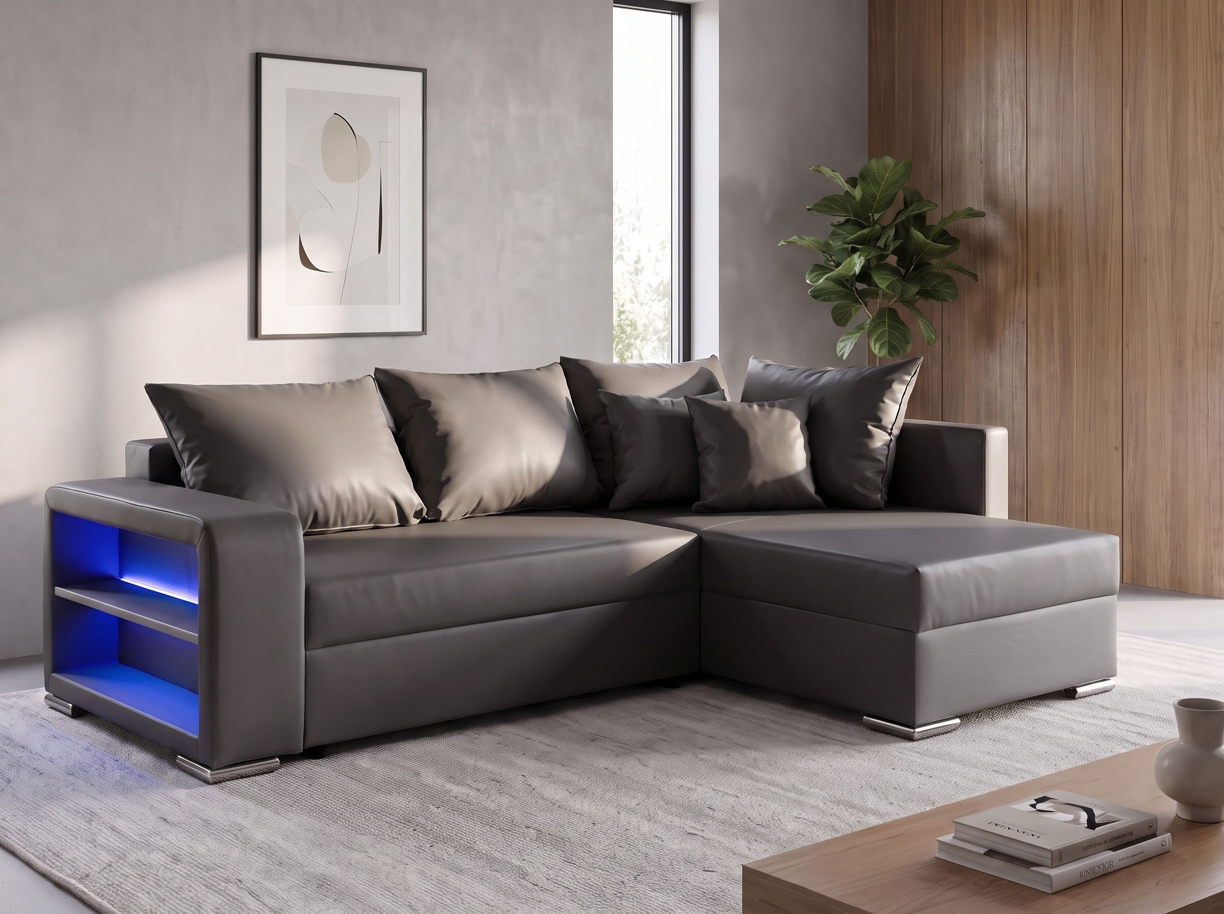 COLLECTION AB "John L-Form, B: 226 cm, Schlaffunktion & Bettkasten" Regalelement mit Licht, Couch mit Federkern, 2 Zierkissen