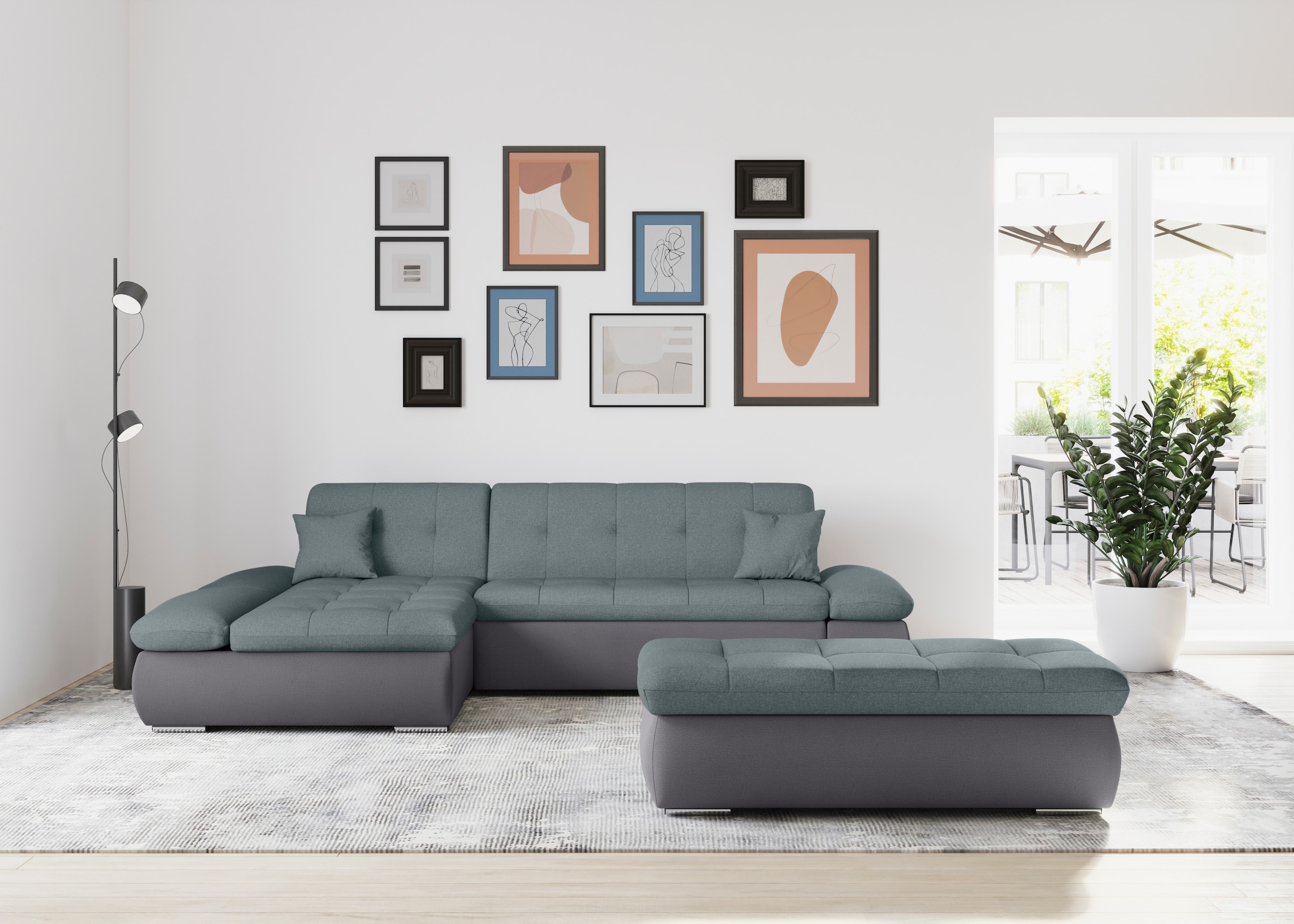 DOMO collection Ecksofa »Moric, L-Form, XXL-Sofa - Breite 300cm«, wahlweise mit Bettfunktion und Armteilverstellung, grau-eisblau