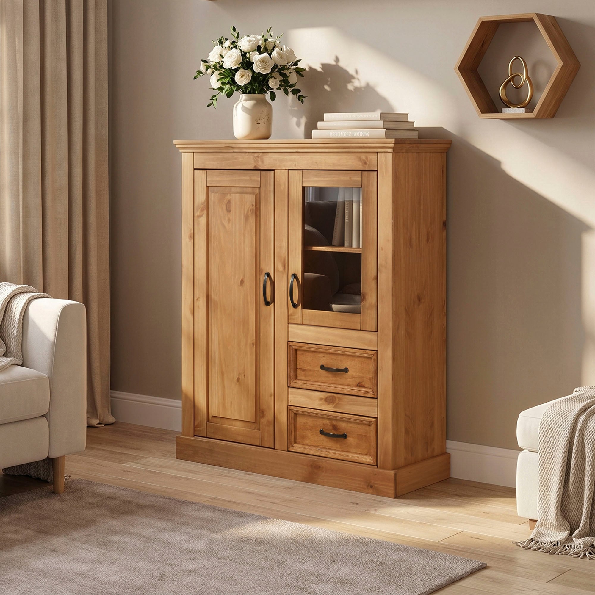 OTTO home Highboard »Selma Vitrine mit 2 Türen, eine davon mit Glaseinsatz und 2 Schubläden« aus massivem Kiefernholz, mit einer natürliche Maserung, Metallgriffe