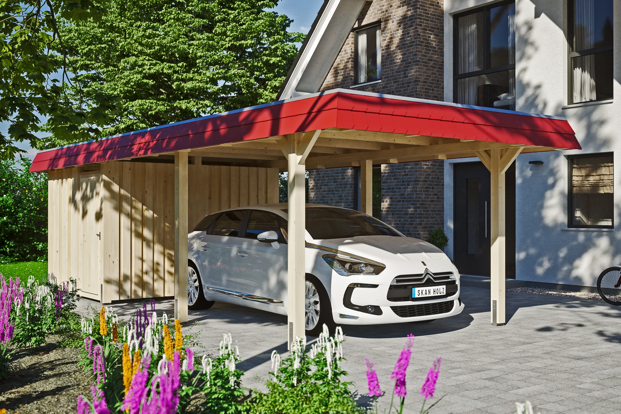 Skanholz Einzelcarport »Wendland«, Leimholz-Fichte, 291 cm, Natur, mit Abstellraum mit Aluminiumdach, rote Blende