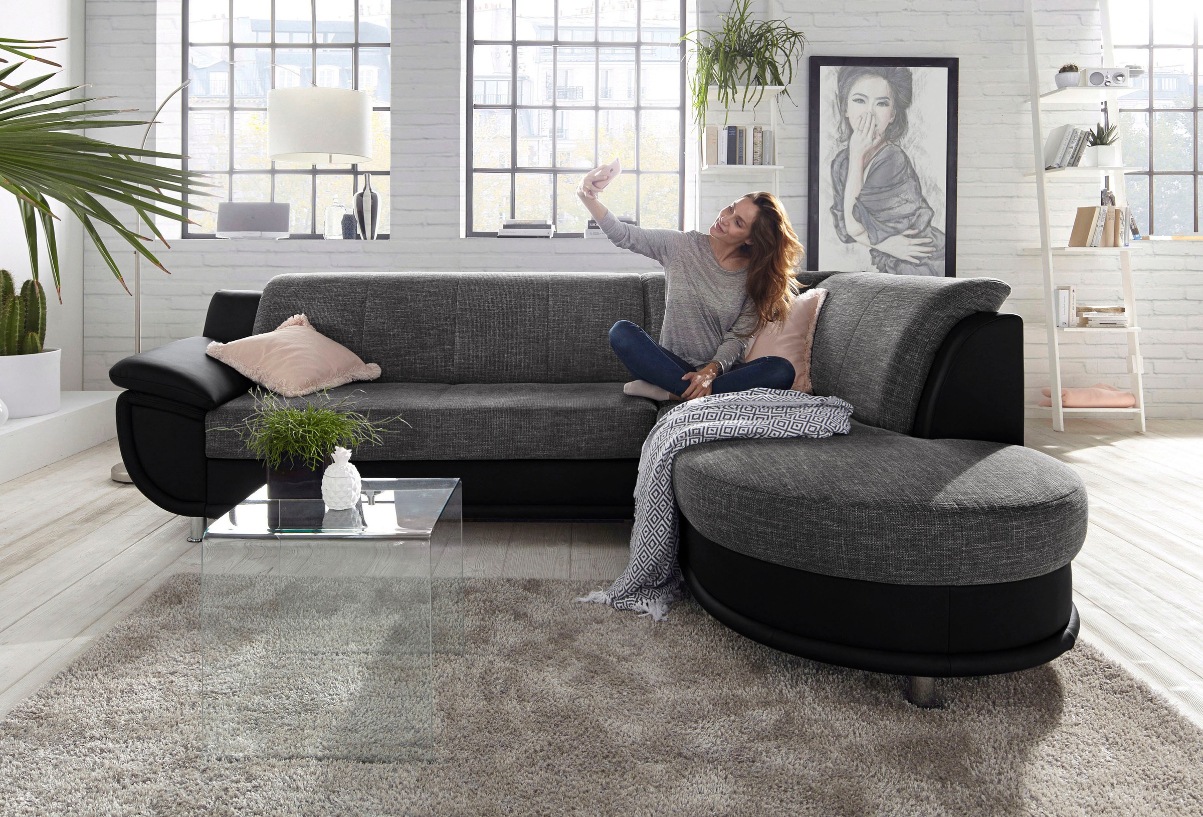 TRENDMANUFAKTUR Ecksofa »Rondo 3, zeitlos und bequem, Materialmix, breite Armlehnen, L-Form«, wahlweise mit Federkern für mehr Komfort, wahlweise mit Bettfunktion
