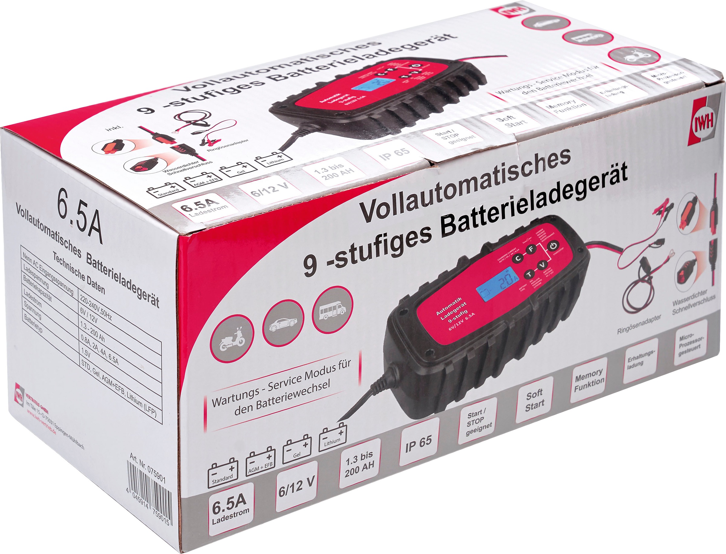 IWH 6/12V, 6,5A, 075901 Autobatterie-Ladegerät (für alle Arten von