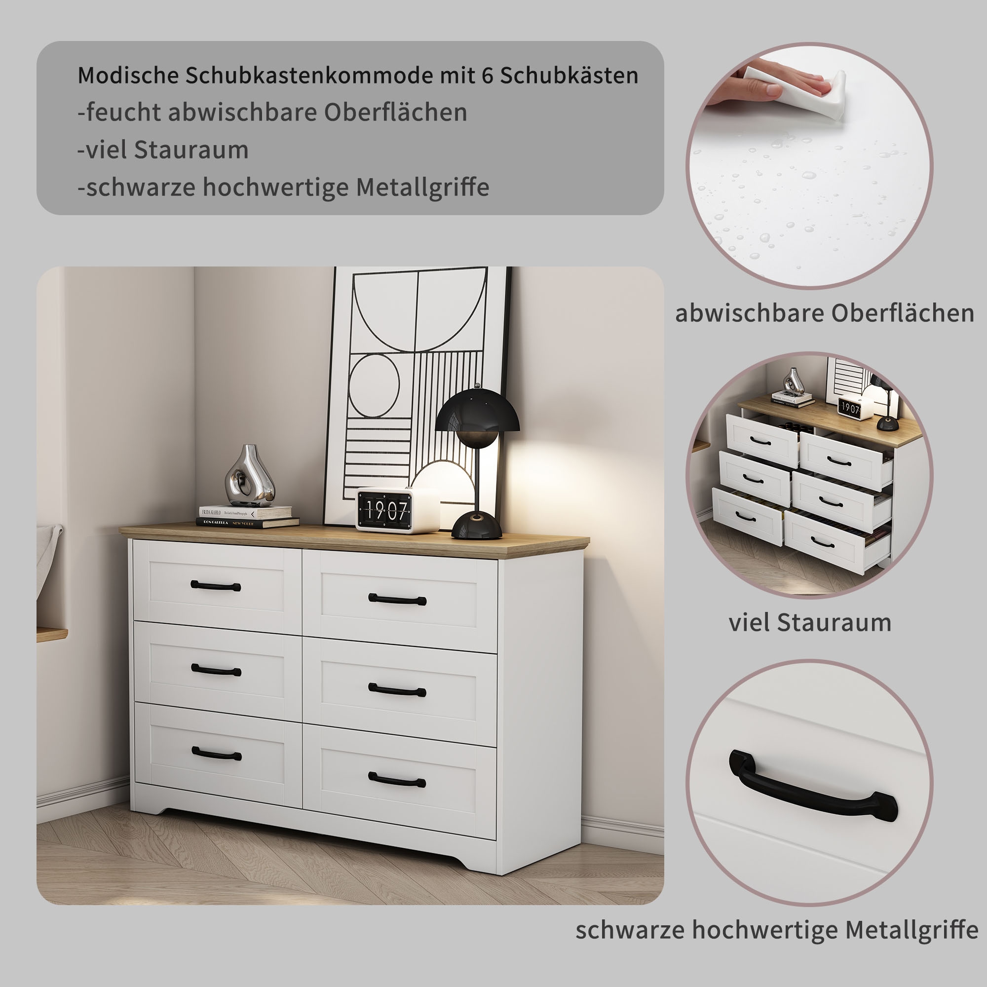 OTTO home Schubkastenkommode »Emmilia Sideboard Schubladenschrank Wäscheschrank im Landhaus Design« Scandi Design mit 6 Schubladen für viel Stauraum im Schlafzimmer,  Schrankkommode in hochwertiger Qualität