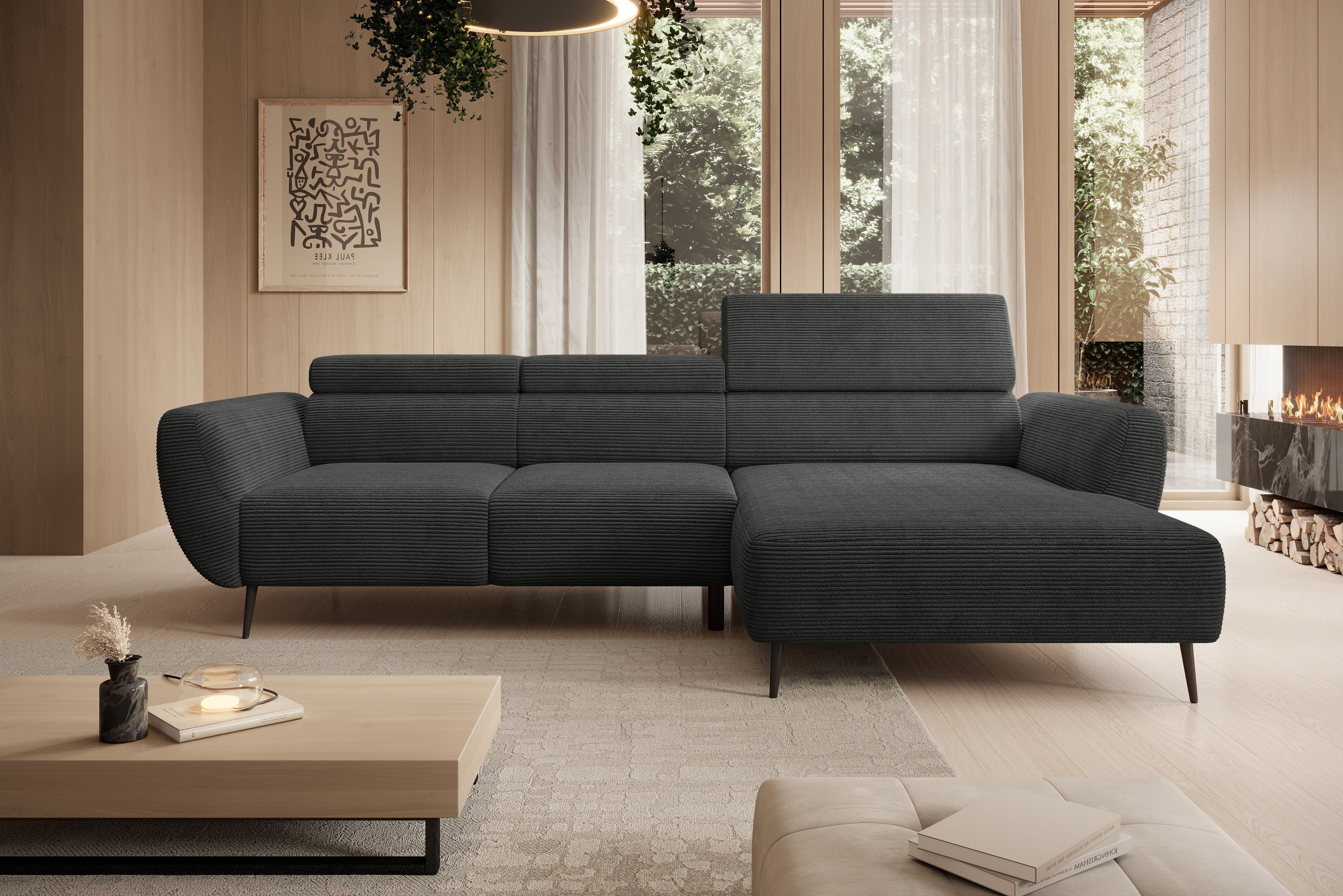 WERK2 Ecksofa "Alisson 277 x 174 cm modern und bequem" Cord, L-Form, XXL, elektrische Sitztiefenverstellung, Schlaffunktion