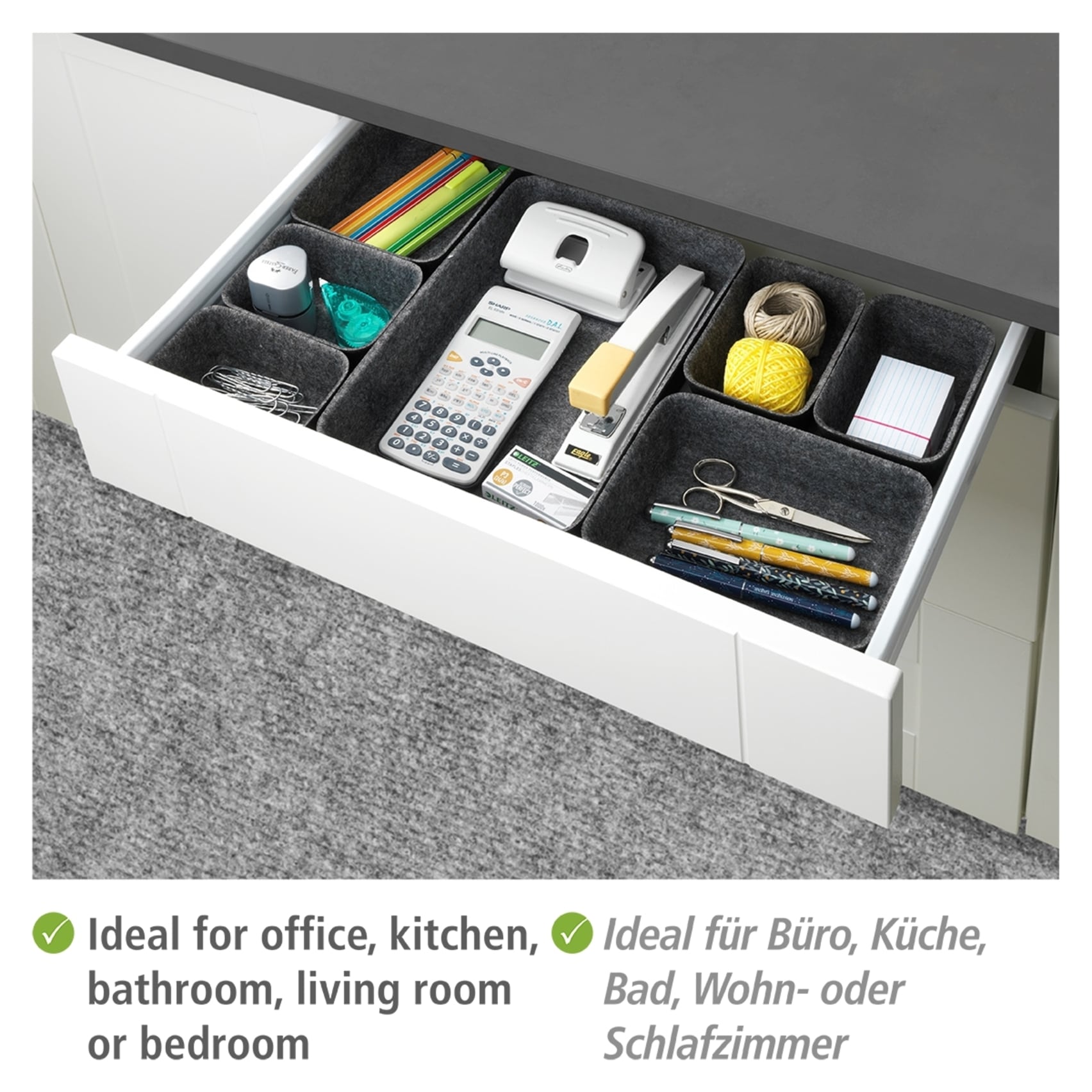 WENKO Organizer, (Set, 7 St.), Aufbewahrungsboxen für Schubladen, 3 Größen, recycelter Polyesterfilz