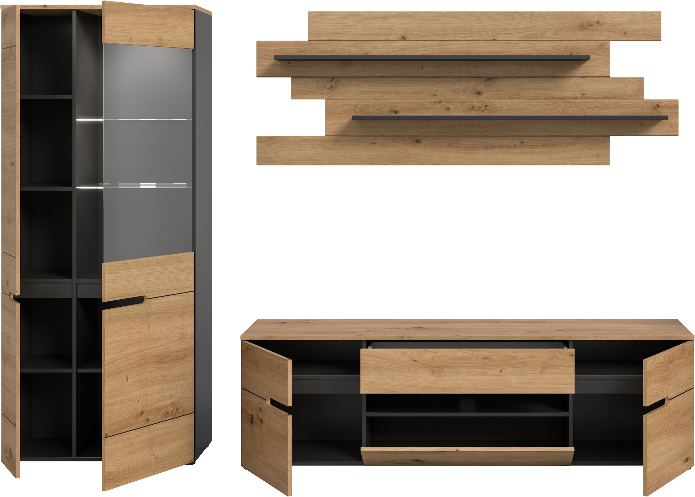 INOSIGN Wohnwand »REHAT, TOPSELLER!, 3-teilig, Breite 280 cm, inklusive Beleuchtung«, (5 St., Set inkl. Beleuchtung, bestehend aus: Vitrine, Lowboard und Wandboard), Kombination, Anbauwand, Set, Wohn-Set, Wohnzimmer-Set, Schrankwand