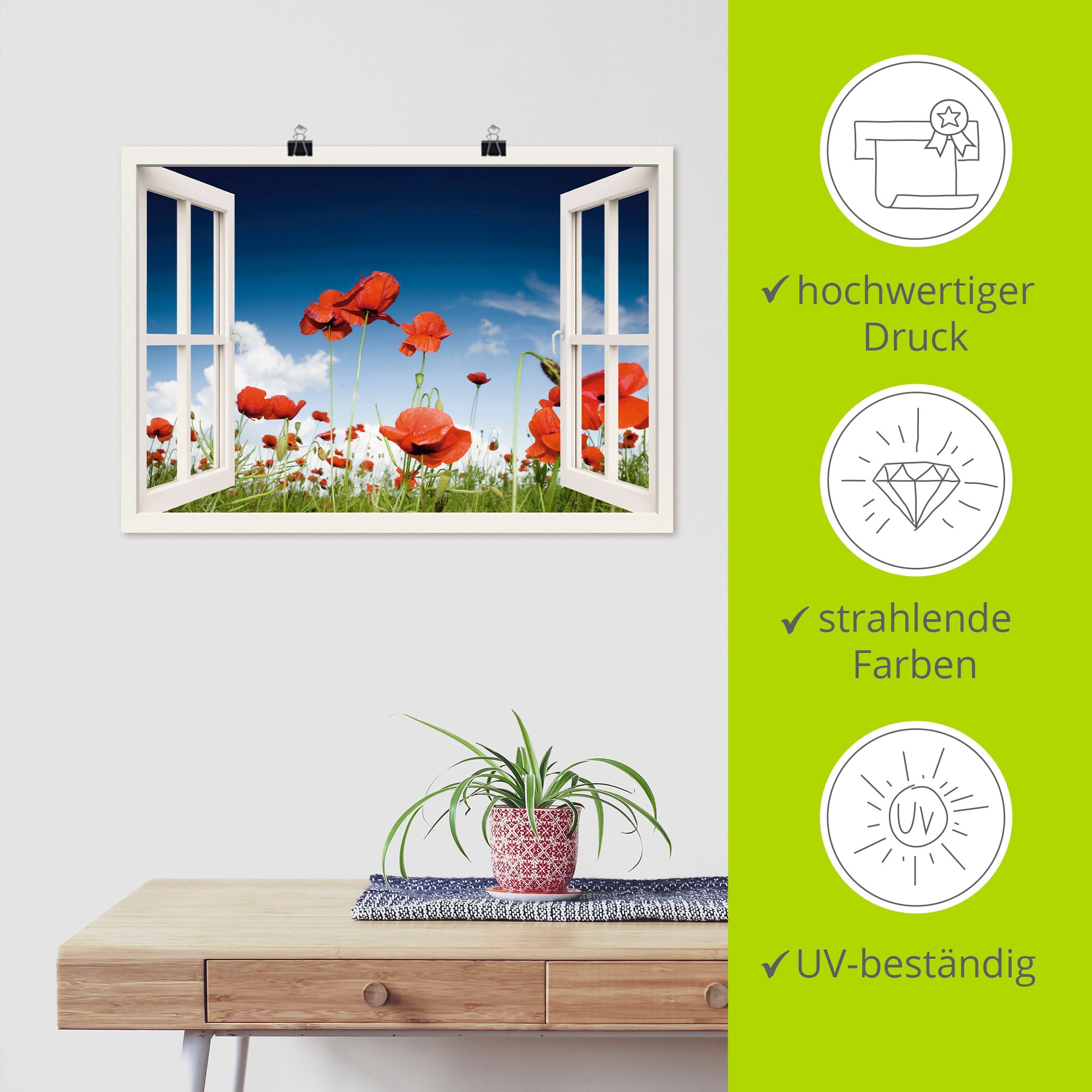 Artland Wandbild »Fensterblick Feld mit Mohnblumen«, Fensterblick, (1 St.), als Leinwandbild, Poster, Wandaufkleber in verschied. Größen