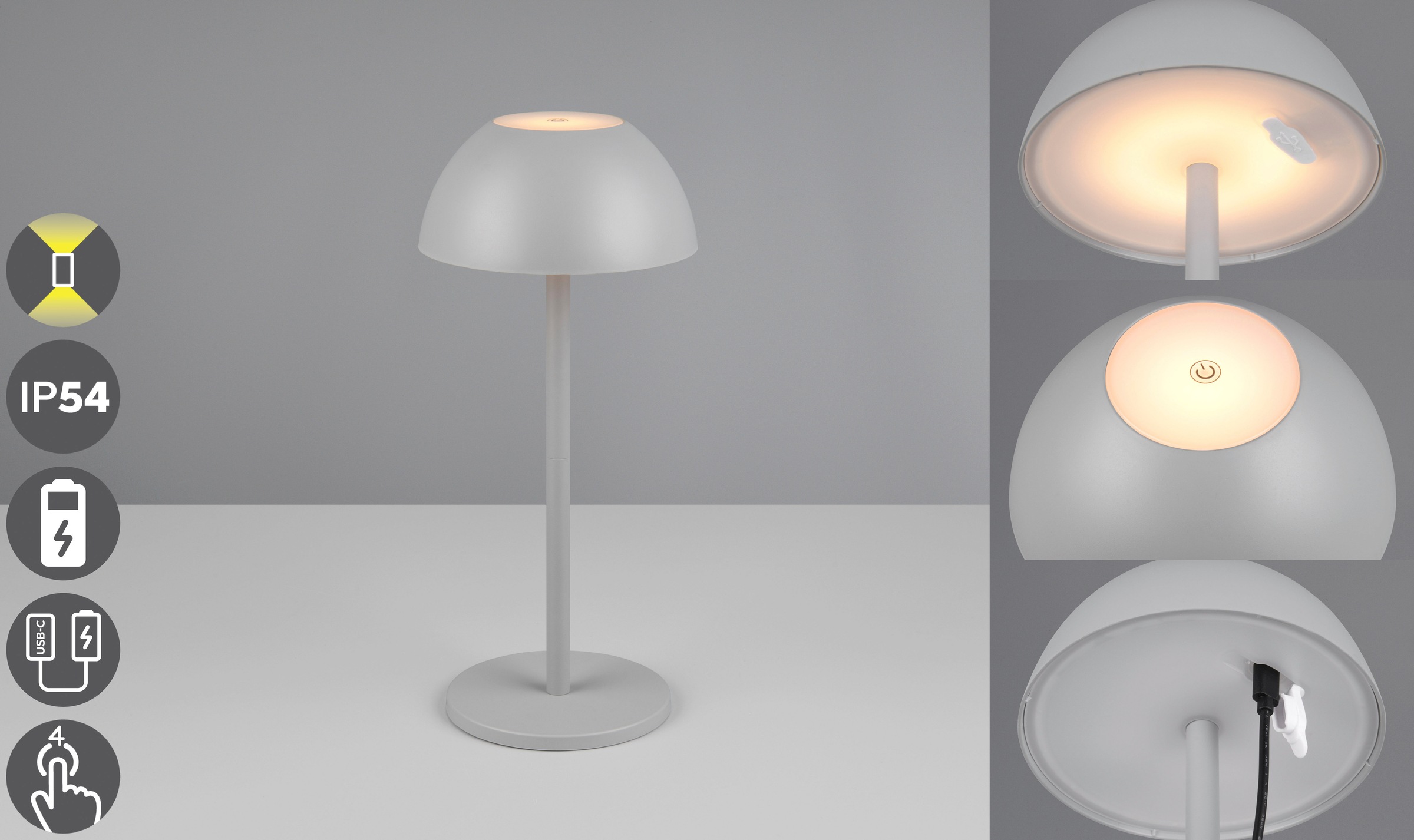 my home LED Außen-Tischleuchte »Abbey Tischleuchte (Stück)«, 1 flammig, Leuchtmittel LED-Board | LED fest integriert, Outdoor Akku Tischlampe Pilzdesign, USB-C, 4-fach Touch Dimmer, IP54