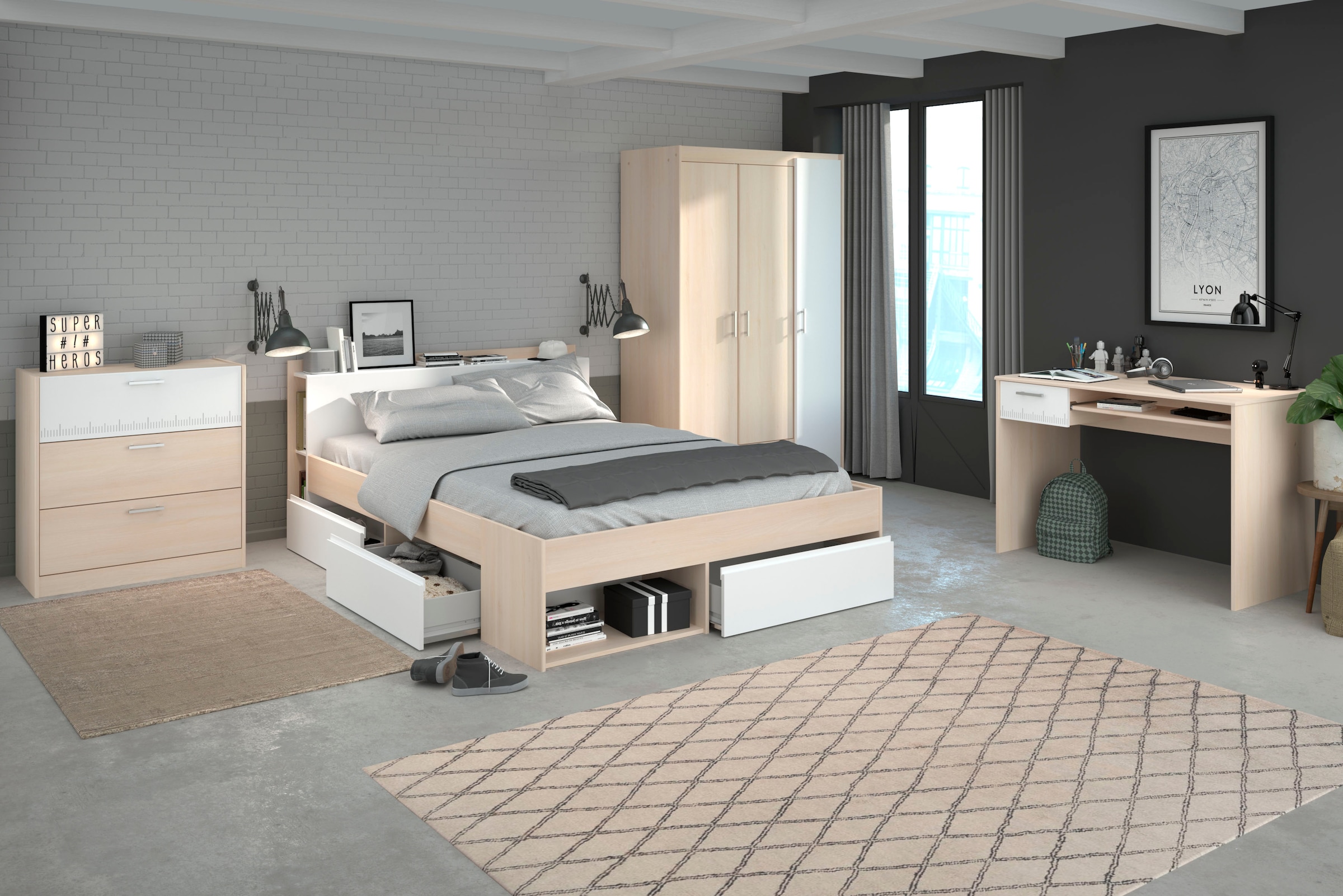 Parisot Jugendzimmer-Set "Most" Set, Bett mit Schubkästen, Kleiderschrank, günstig online kaufen