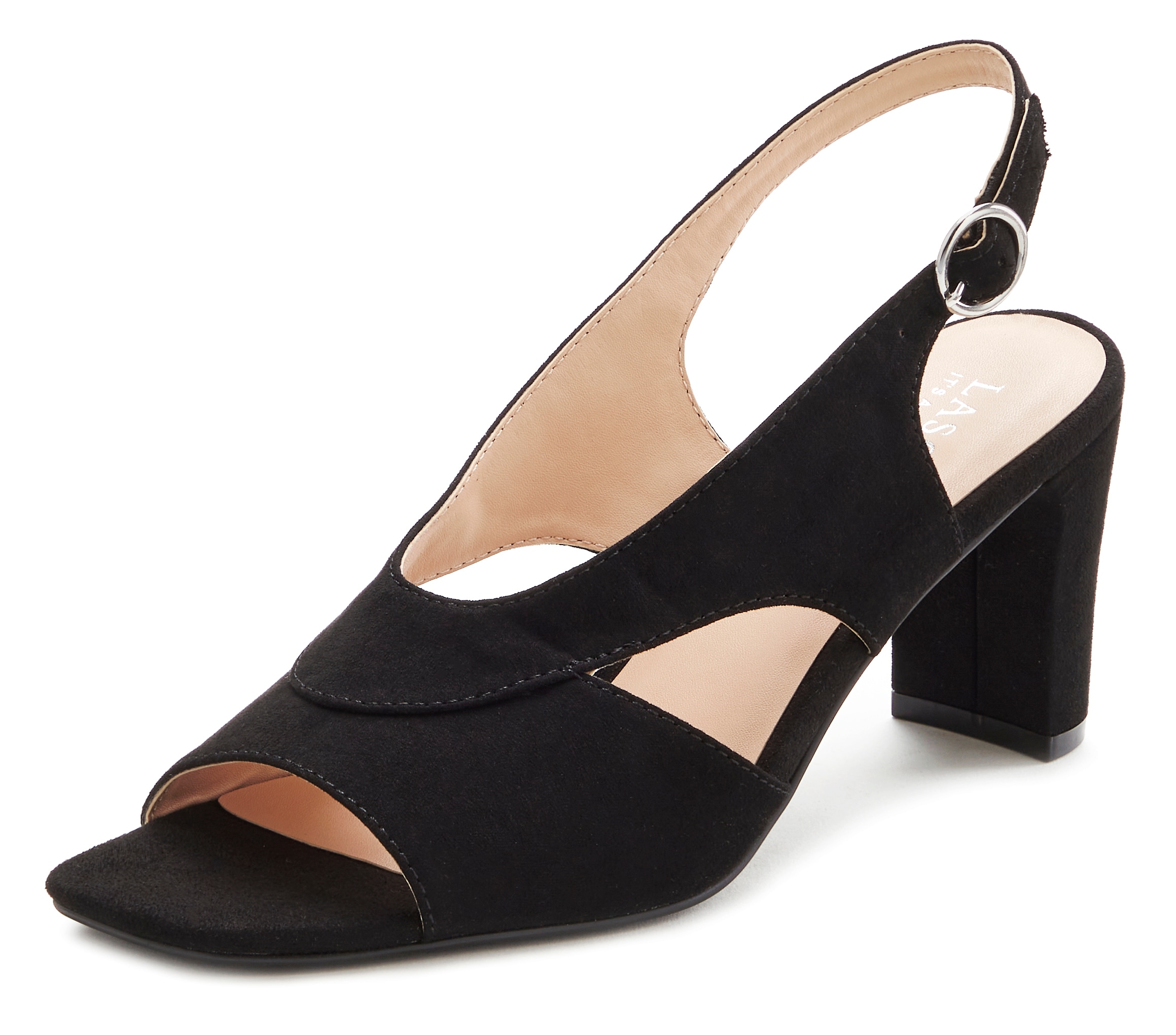 LASCANA Sandalette »Sling-Sandalette, Sandale, Sommerschuh,«, mit raffiniertem Ausschnitt aus Velourslederimitat VEGAN