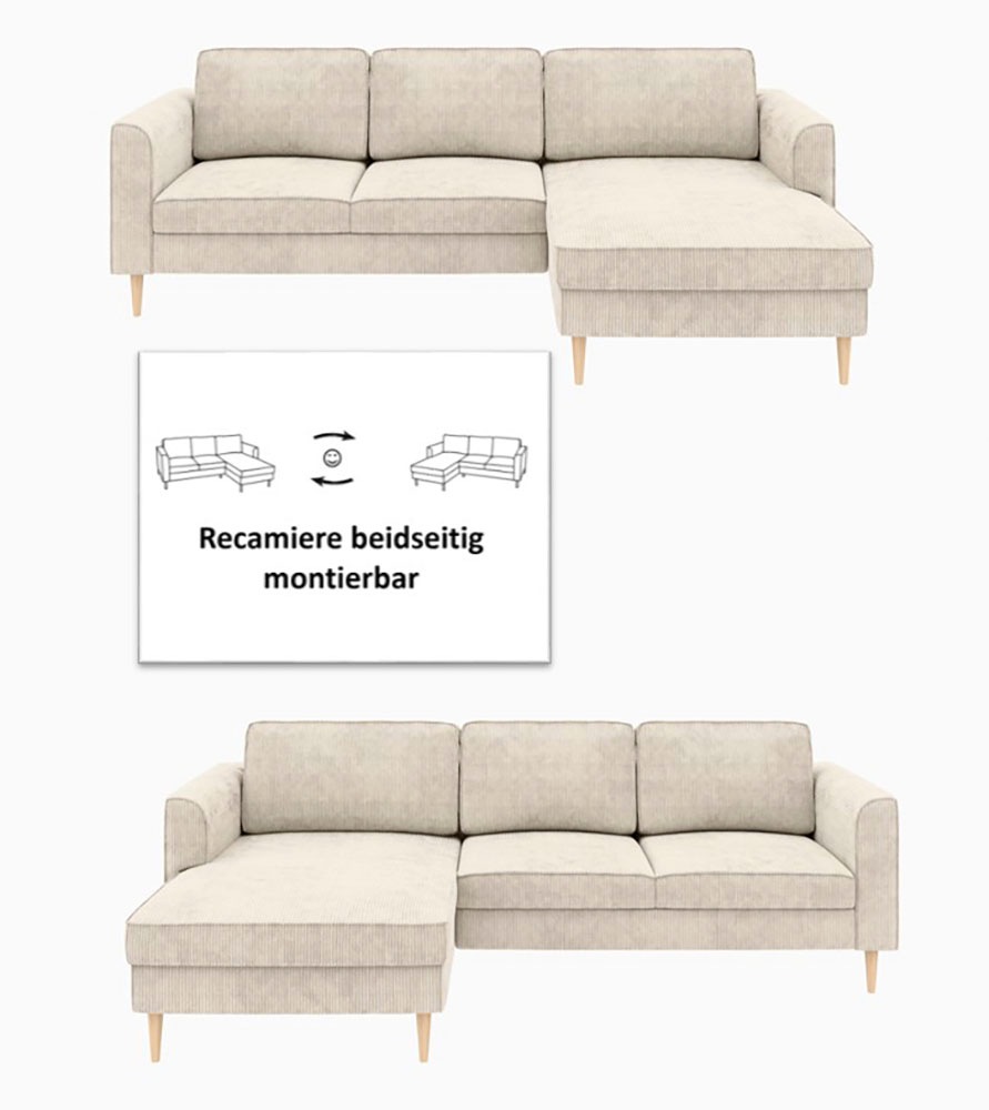 Home affaire Ecksofa »Booster Couch wahlweise mit Schlaffunktion und Bettkasten-auch in Cord«, Recamiere beidseitig montierbar, Sofa in L-Form, 232 cm