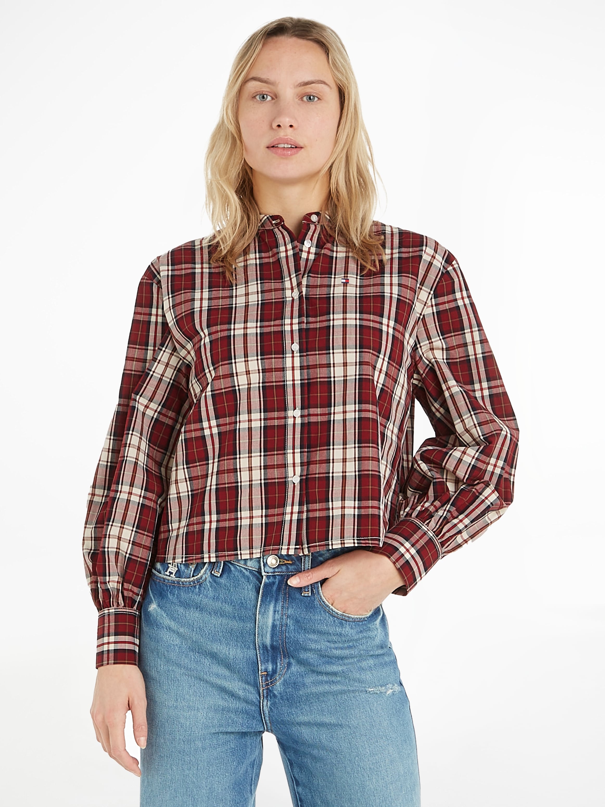 Langarmbluse »TARTAN CO COLLARLESS SHIRT«, mit Metalllabel