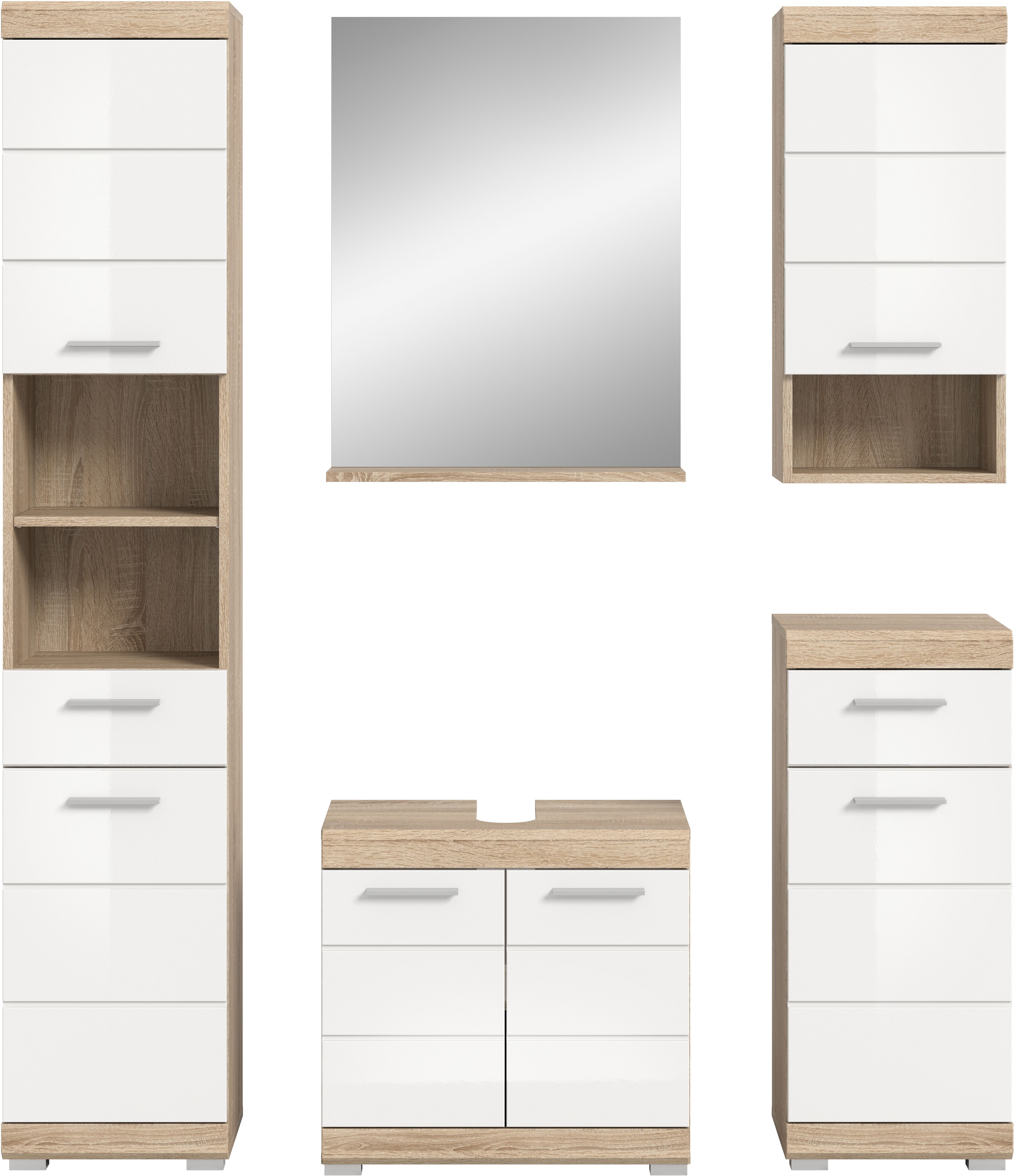 INOSIGN Badmöbel-Set »Siena, 5 teilig, bestehend aus:«, (Set, 5 St.), Hochschrank, WBU, Spiegel, Unterschrank, Hängeschrank