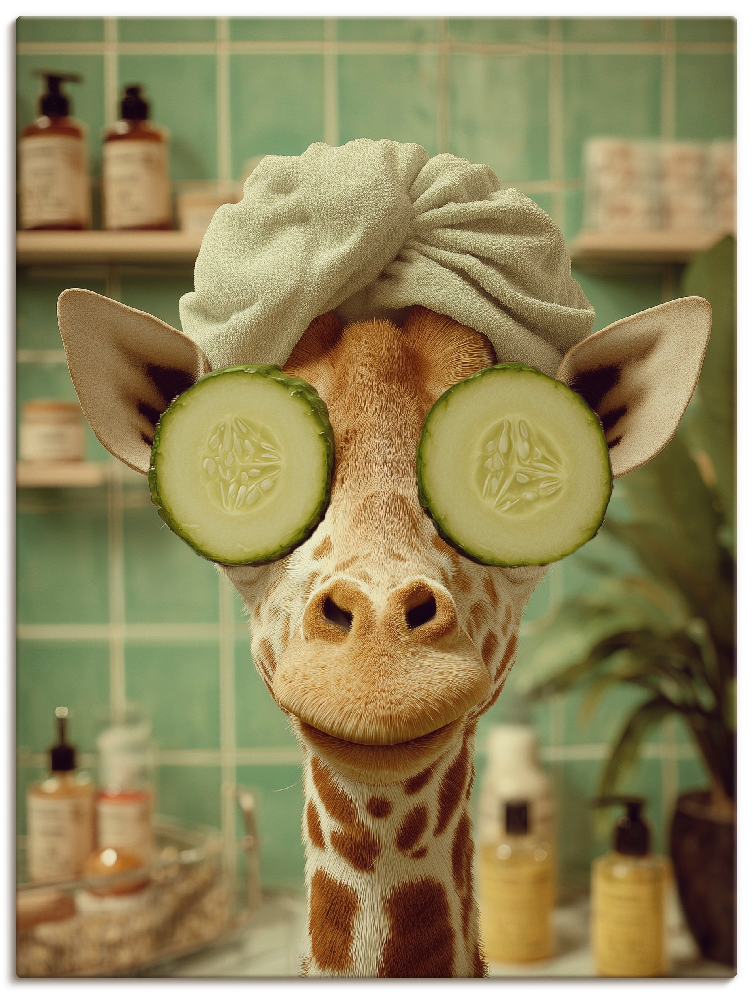 Wandbild ARTLAND "Giraffe beim Spa", farbe bild(er): braun, B:45cm H:60cm, Bilder, als Alubild, Leinwandbild, Poster, Wandaufkleber in verschied. Größen