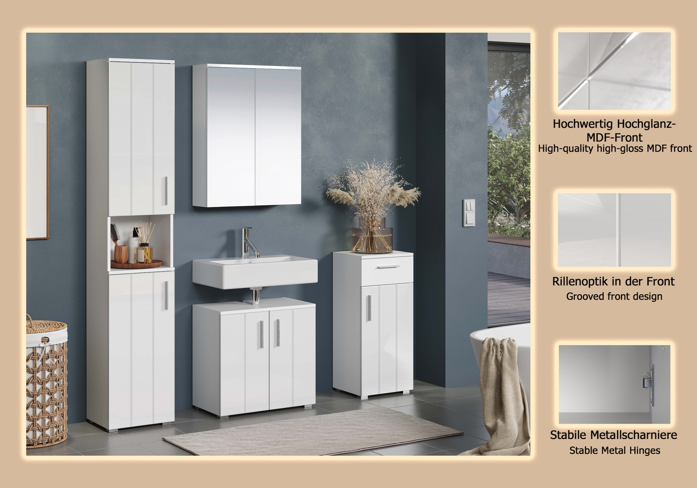welltime Badezimmer-Set »Prag«, (Set, 4 St.), Komplettset bestehend aus: Hochschrank, Spiegelschrank, Standschrank