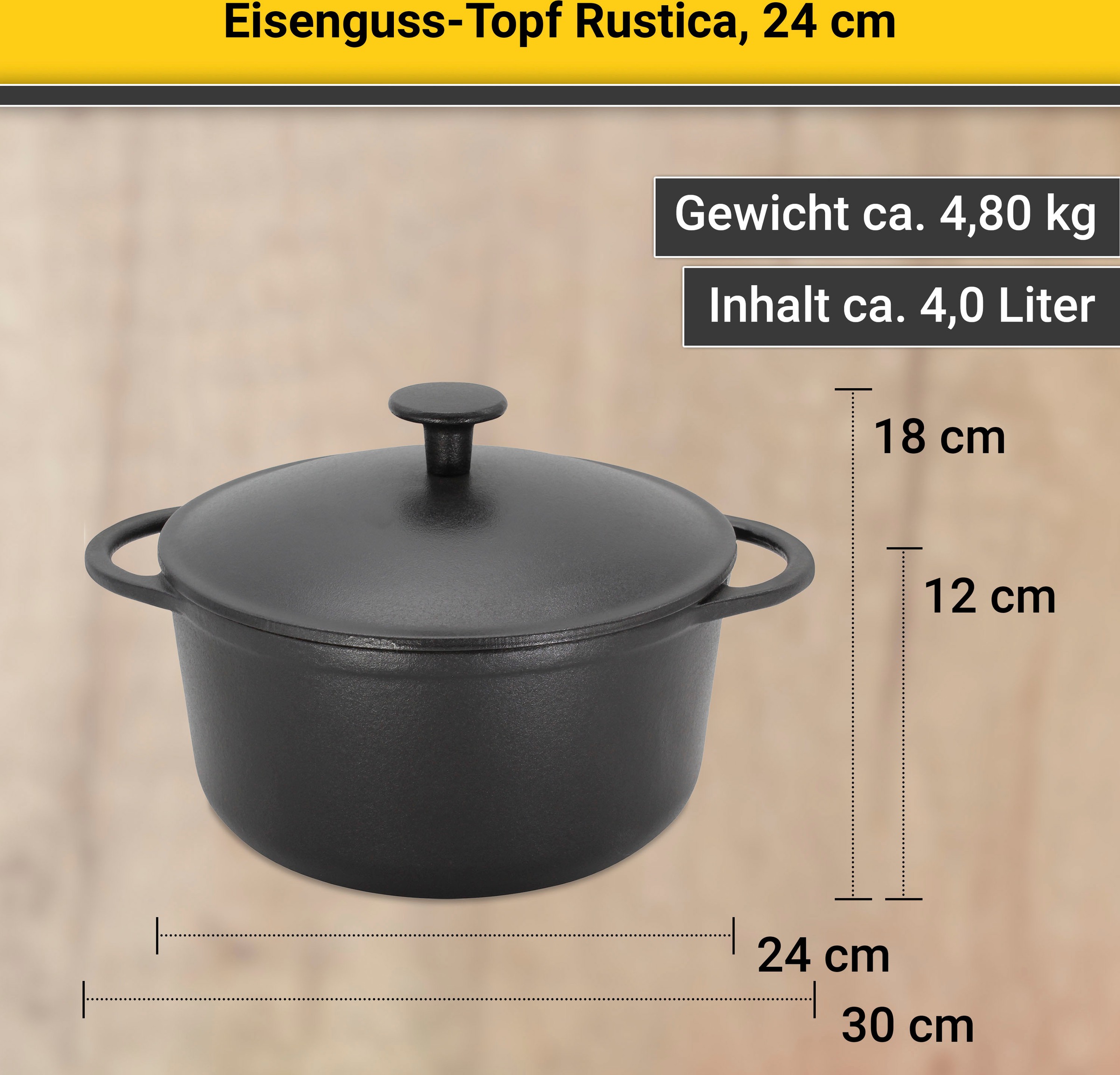 Krüger Fleischtopf »Eisenguss Fleischtopf mit Deckel RUSTICA, 24 cm«, Gusseisen, (1 tlg.), für Induktions-Kochfelder geeignet