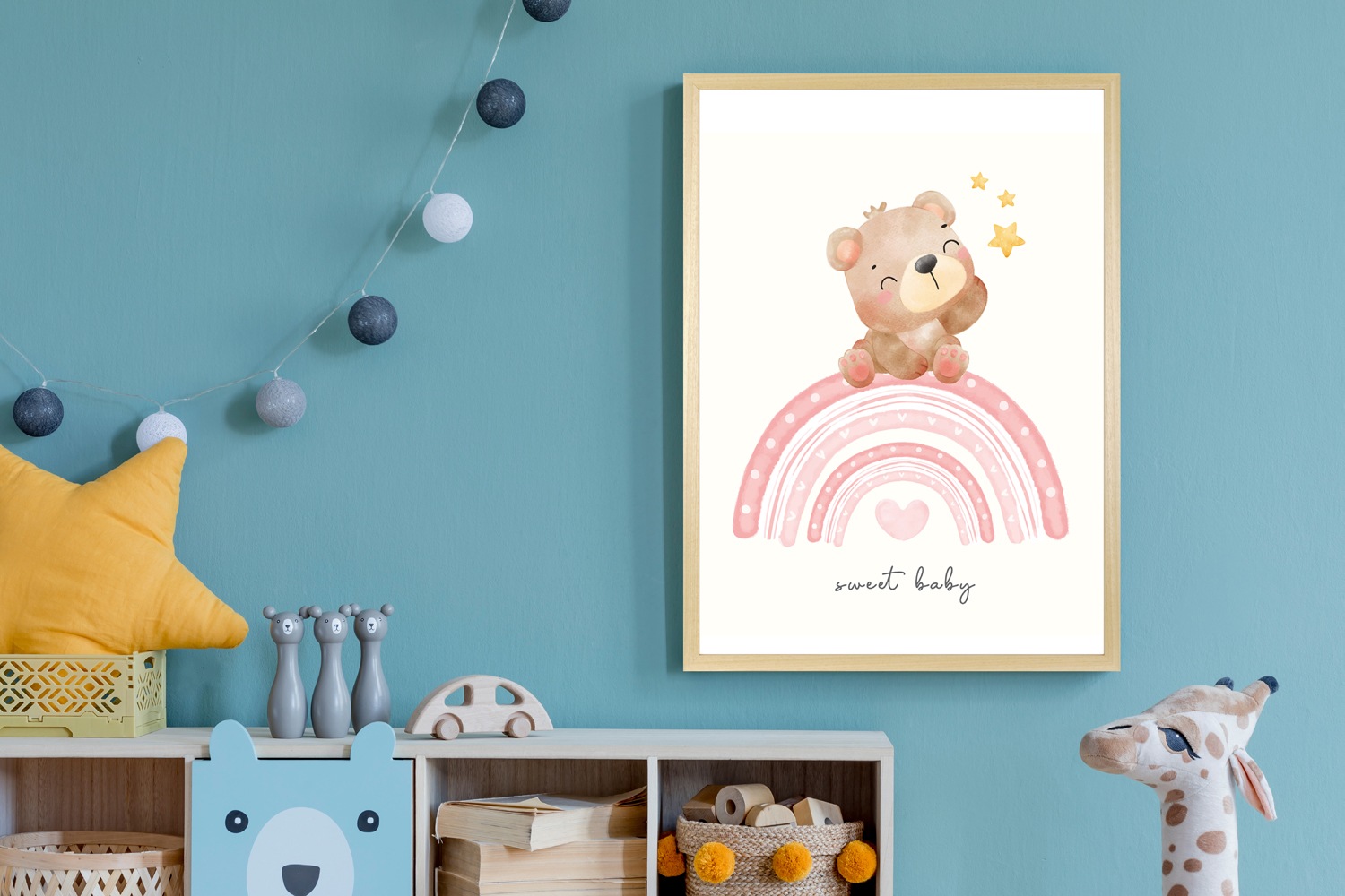 queence Bild mit Rahmen »Bär auf buntem Regenbogen«, Bär-Bären-Bilder vom Sternenhimmel-Herz-Herzen-Regenbogen-Schriftzug-Stern-Sterne-Teddy-Tiere, (1 St.), HD Premium Posterdruck mit Echtholzrahmen