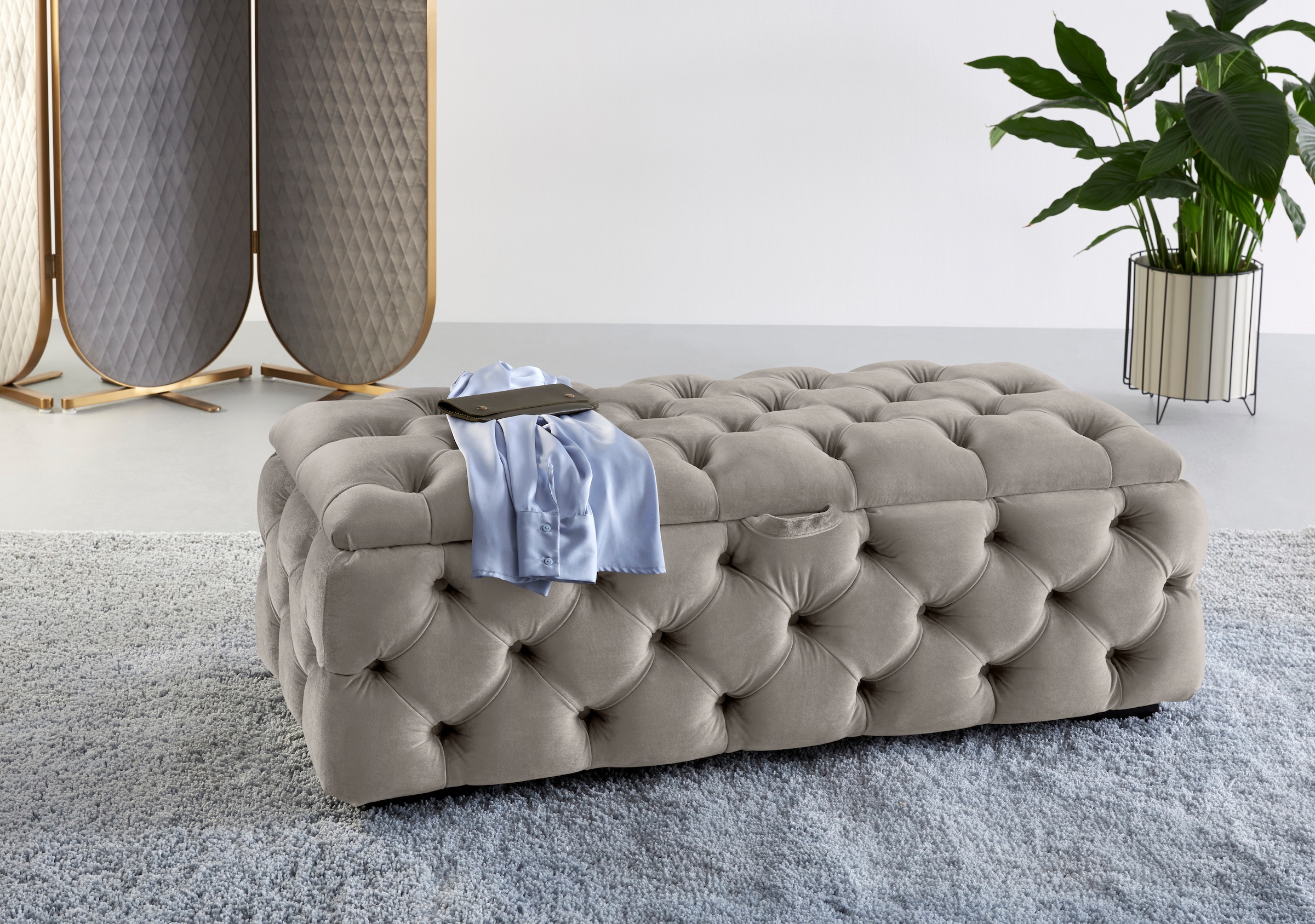 Home affaire Polsterhocker "KALINA, hochwertige Knopfheftung, B/T/H: 120/55/45 cm" mit Staufach und innenliegenden Laschen zur besseren Aufbewahrung