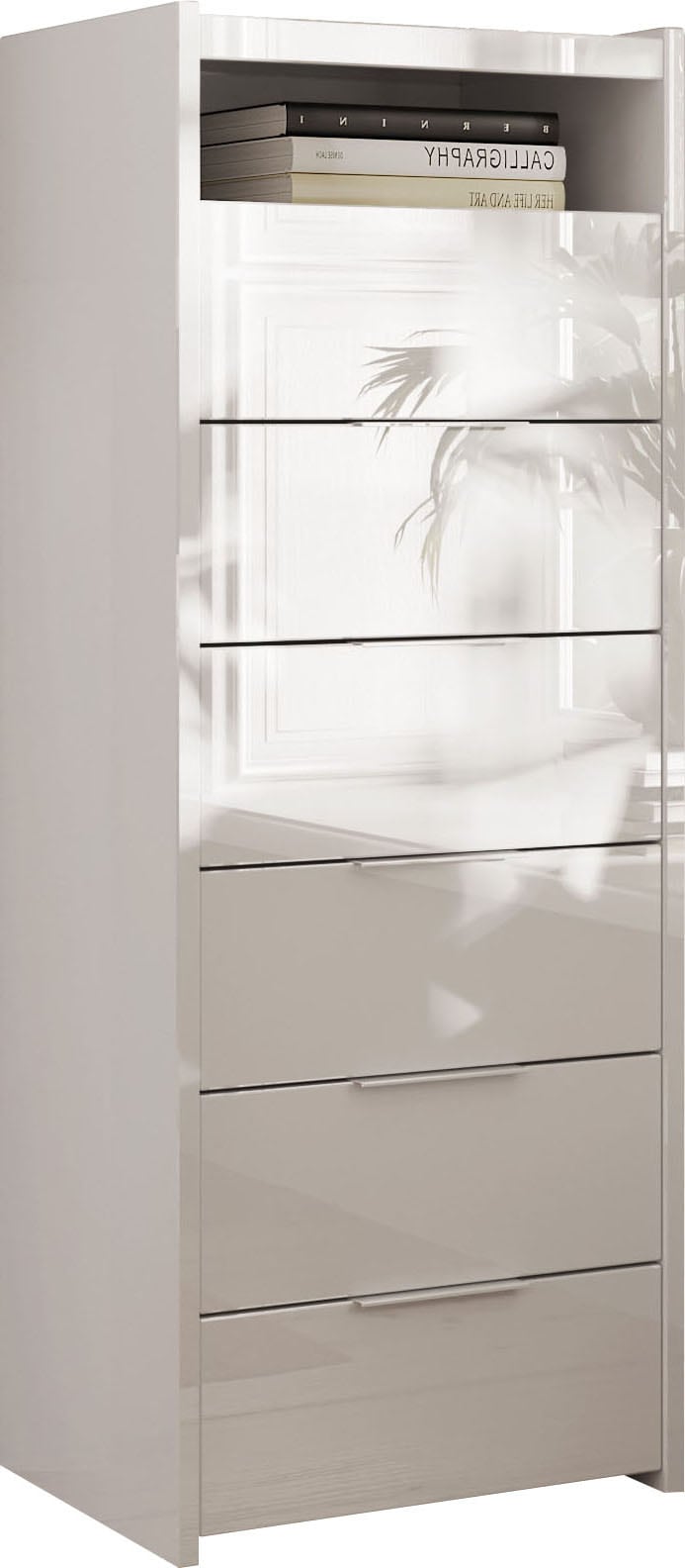 Home affaire "Malmo, Schubkastenkommode B/T/H 52/40/135 cm, mit 6 Schubkästen," offene Ablage, Top 22 mm stark, Metallgriff, Weiss Hochglanz Lack