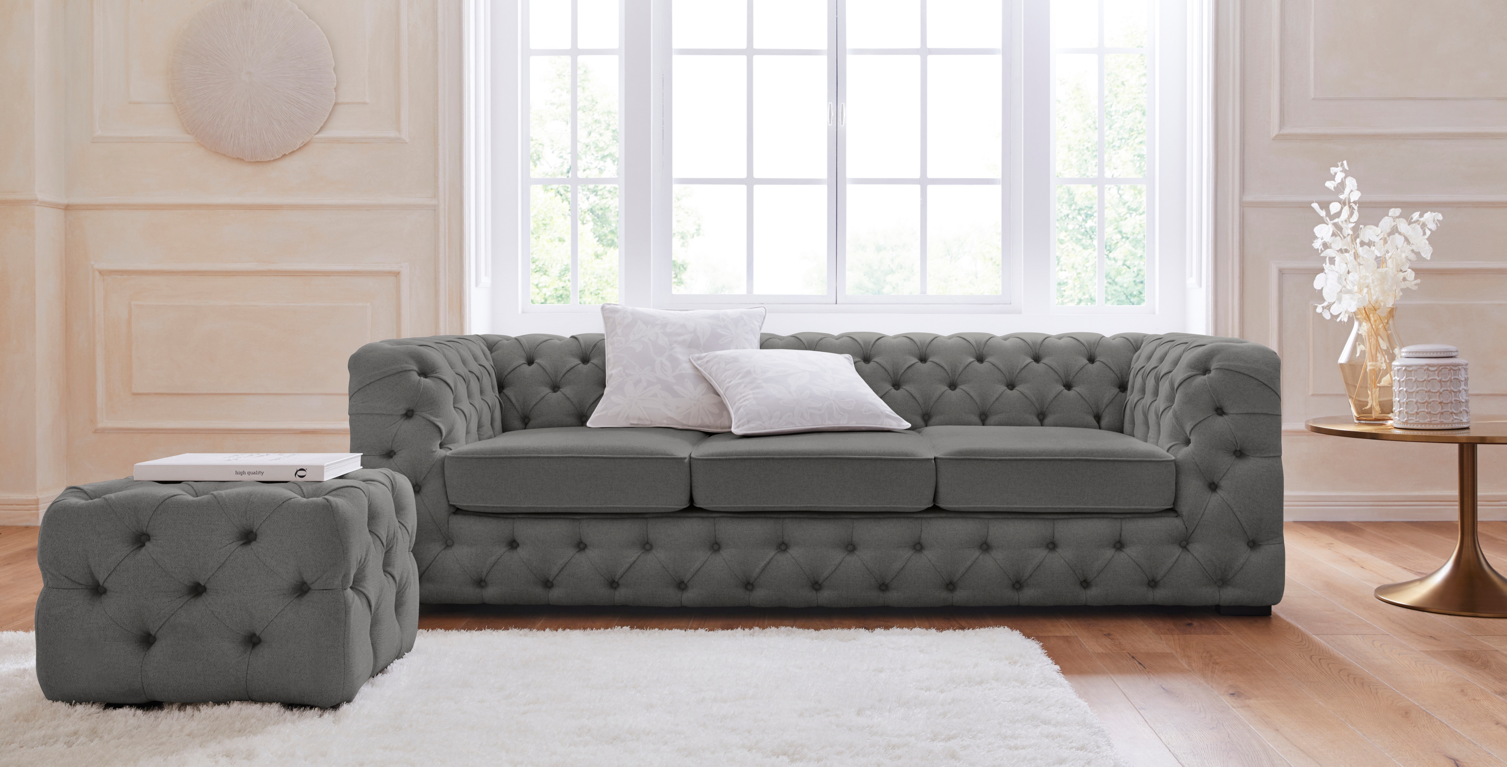 Home affaire Chesterfield-Sofa "Kalina, B: 230cm, handgefertigt, hochwertiger Stoff und Leder" klassische Chesterfield-Knopfheftung, sehr hochwertige Verarbeitung