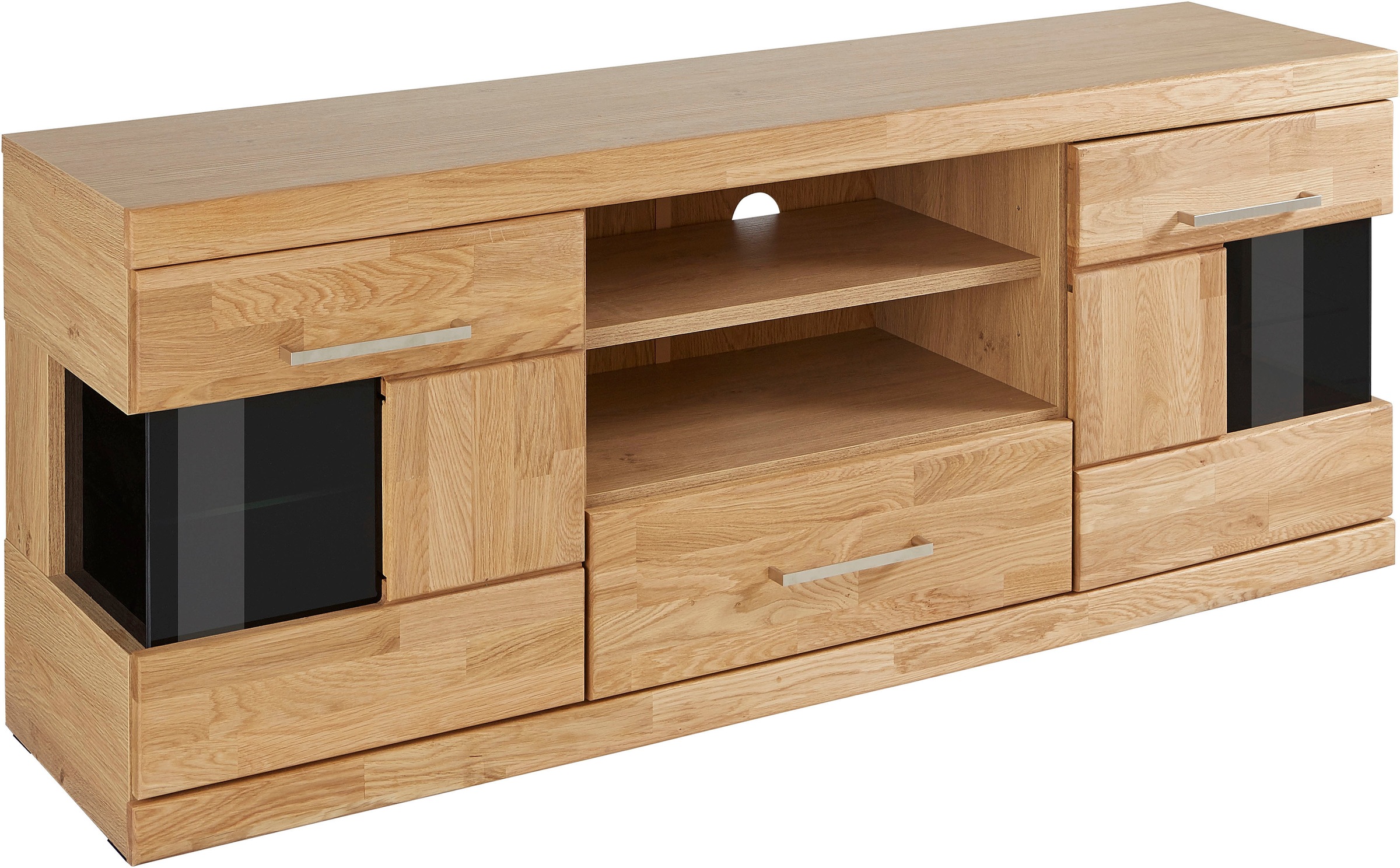 Home affaire Lowboard »Ribe,140cm breit, Fronten Massivholz,6 Fächer,Kabeldurchführung«, Korpus Holzwerkstoff,Glaseinsatz aus gehärtetem Glas,Böden versetzbar