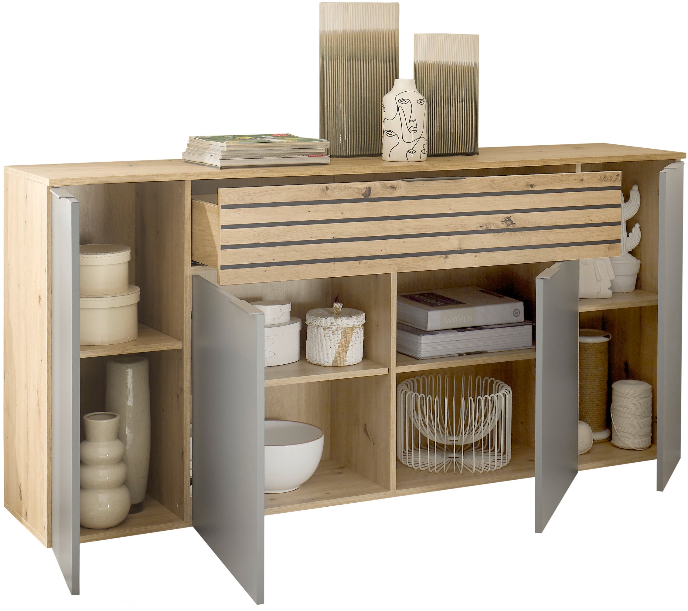 HBZ Sideboard »BZ 5110«, (1 St.), weiß oder Grau, Wohnzimmerschrank mit Absetzungen in Eiche Artisan