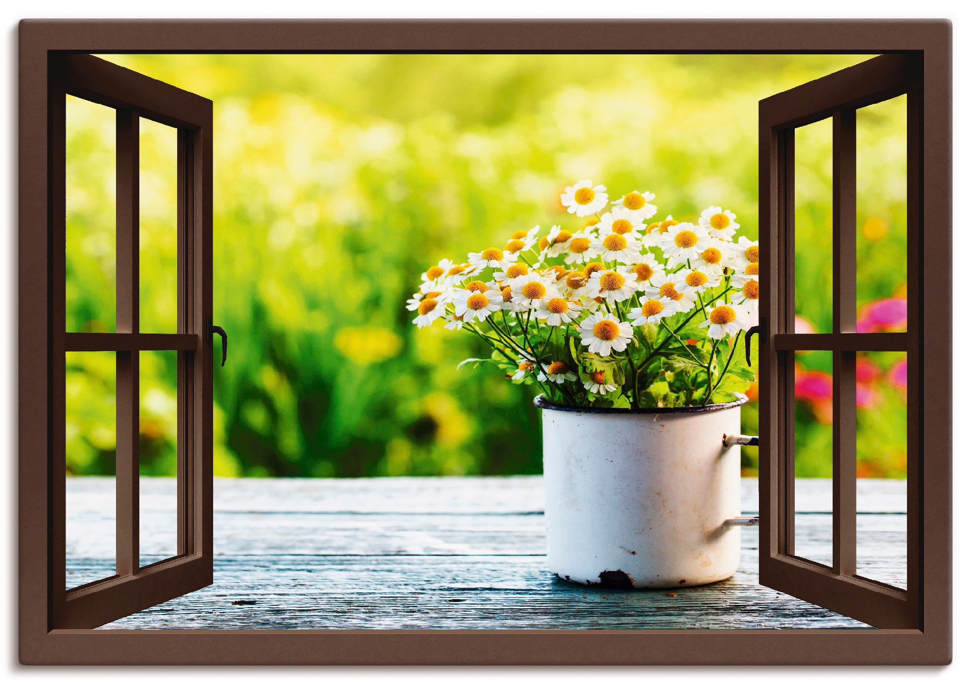 Artland Wandbild "Fensterblick Garten mit Gänseblümchen", Blumen, (1 St.), als Alubild, Outdoorbild, Leinwandbild in ver