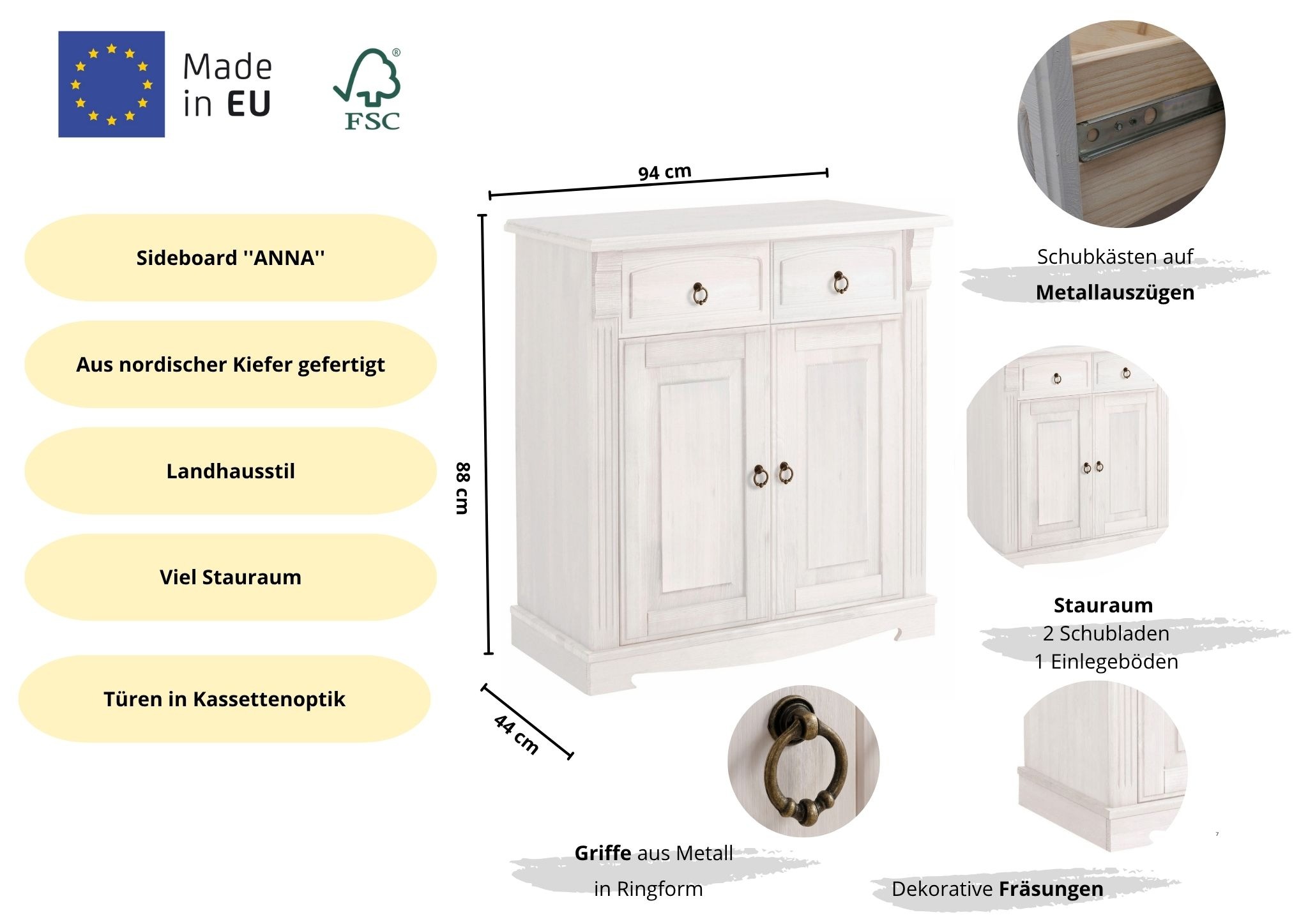 Thumbnail - Home affaire Kommode "Anna, Sideboard, Anrichte, Stauraumschrank" B/T/H: 94/40/91 cm, aus massiver Kiefer, Breite 94 cm,...