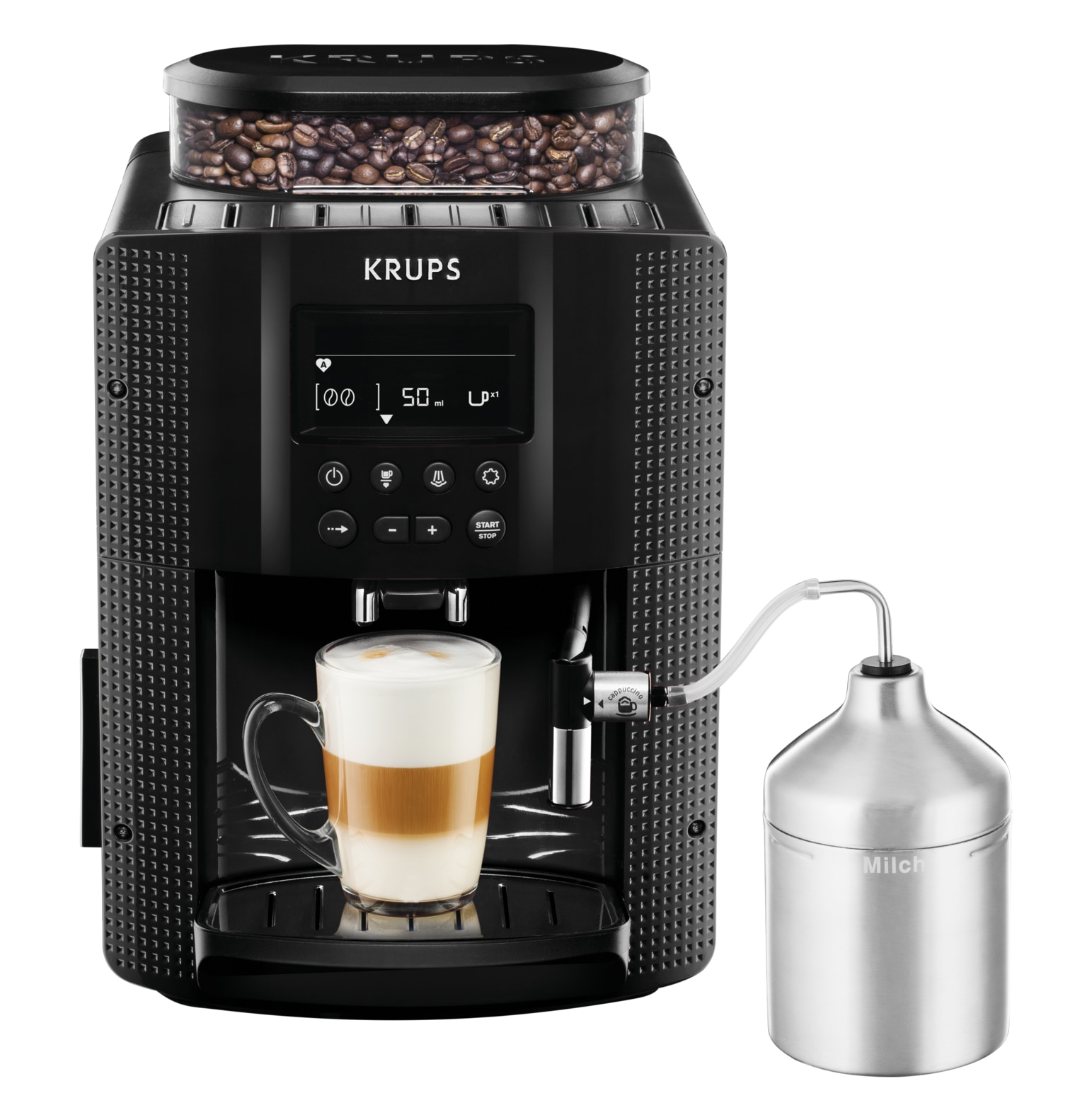"KRUPS Kaffeevollautomat ""EA8150"", schwarz, B:36,5cm H:33cm T:24,5cm, Kaffeevollautomaten, Arabica Display, LCD-Display, Speichermodus, Dampfdüse
