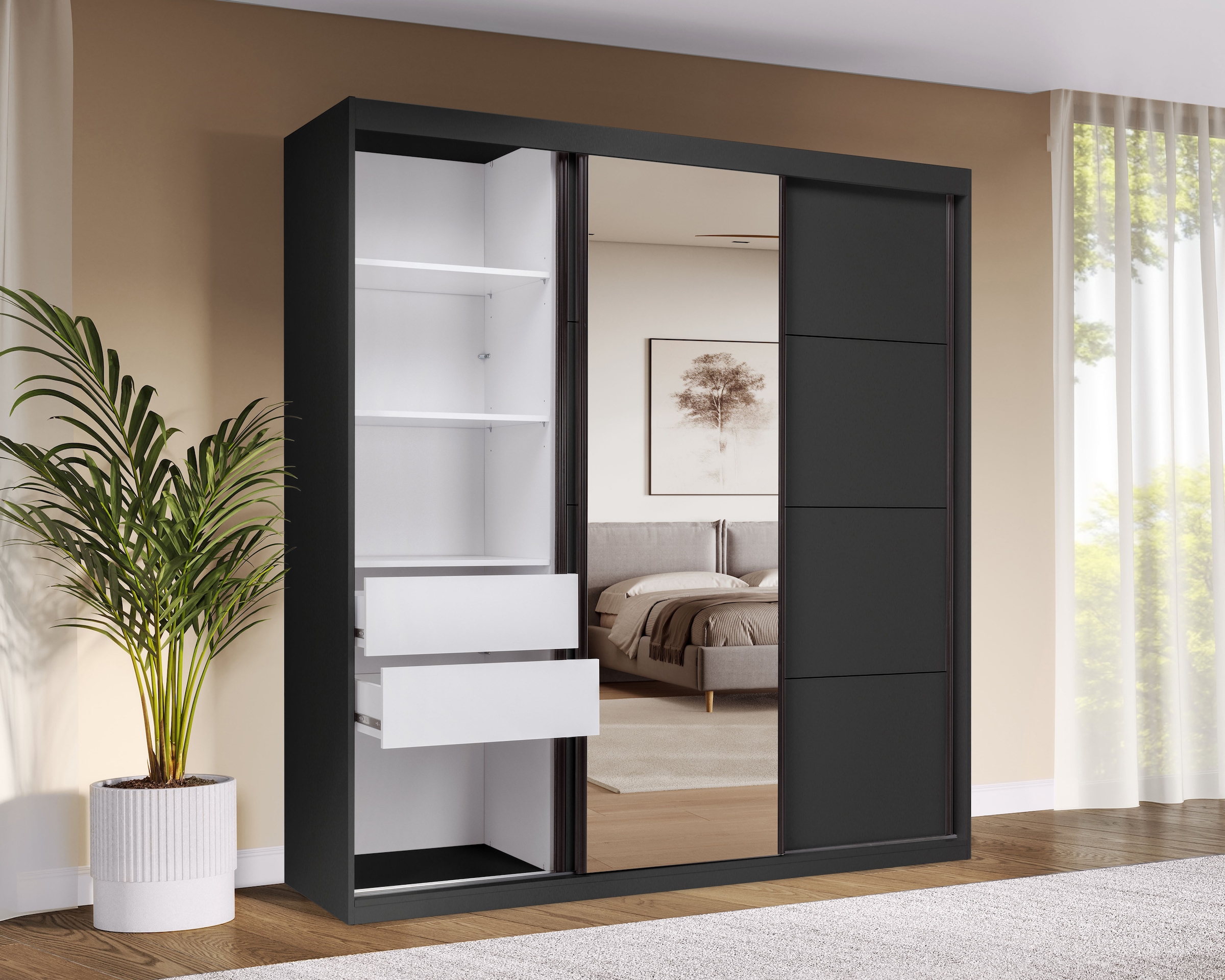 OTTO home Schwebetürenschrank »Tonara Schrank, Kleiderschrank 2,00m Breite, Schiebetürenschrank« Schrank mit leichtgängiger Schiebetür, in 4 Farben , Top Ausstattung,  inklusive Spiegeltür, 2 Kleiderstangen & 4 Schubkastenauszügen