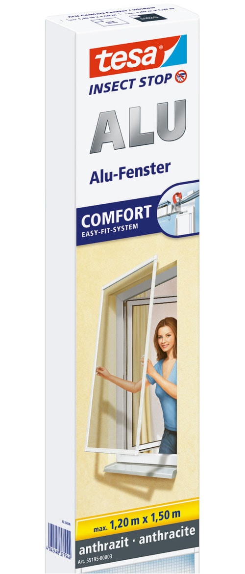 tesa "Aluminium Rahmen Fliegengitter - 120 x 150cm" Packung, Fliegennetz, Aluminiumrahmen, 1 Stk. tlg. Insektenschutz - ohne Bohren