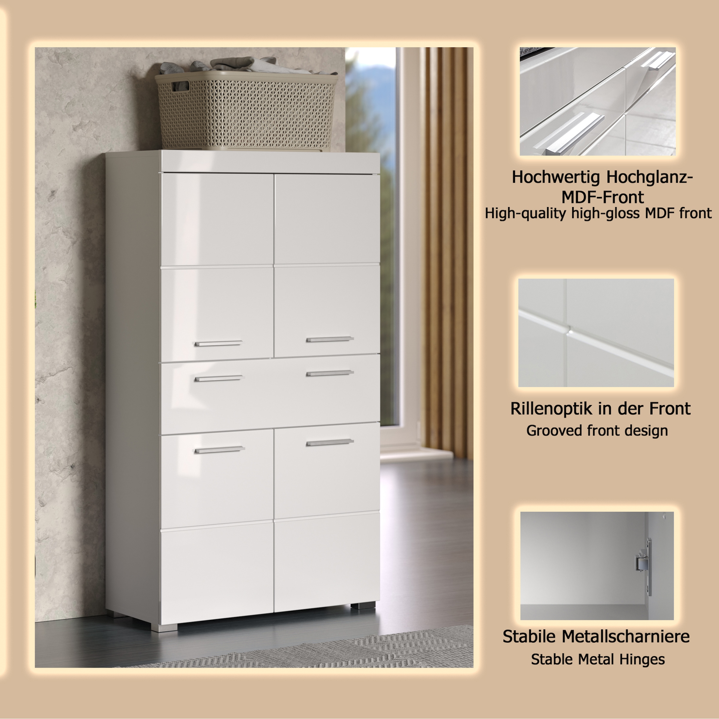 welltime Midischrank »Avena«, Standschrank mit 4 Türen, 1 Schublade - (B/T/H) 73/31/130 cm