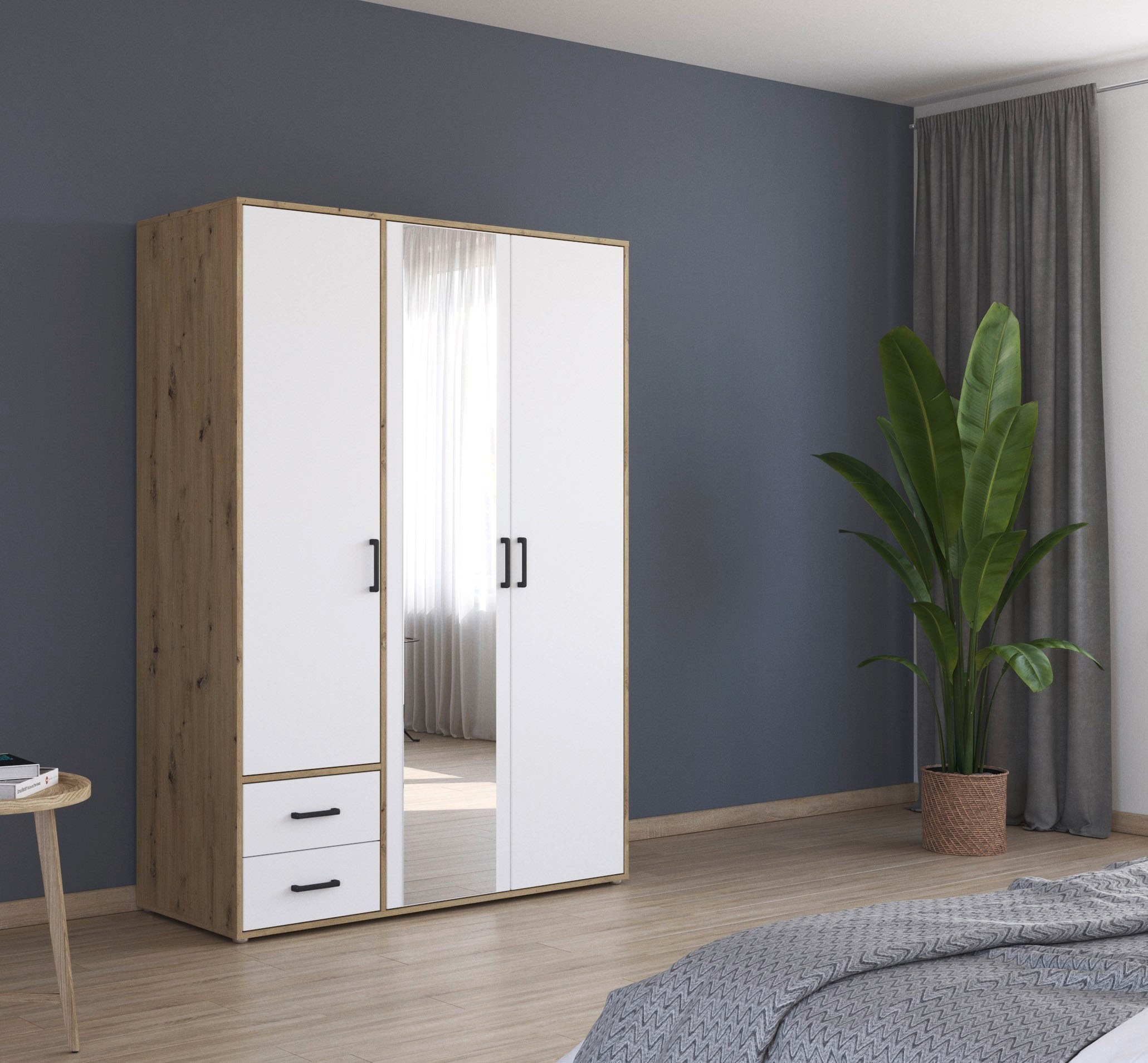 rauch Drehtürenschrank »Kleiderschrank Schrank Garderobe Wäscheschrank VOYAGER«, (in 3 verschiedenen Ausstattungen BASIC/CLASSIC/PREMIUM), mit modernen Griffen in Graumetallic, inkl. Schubkästen und Spiegel