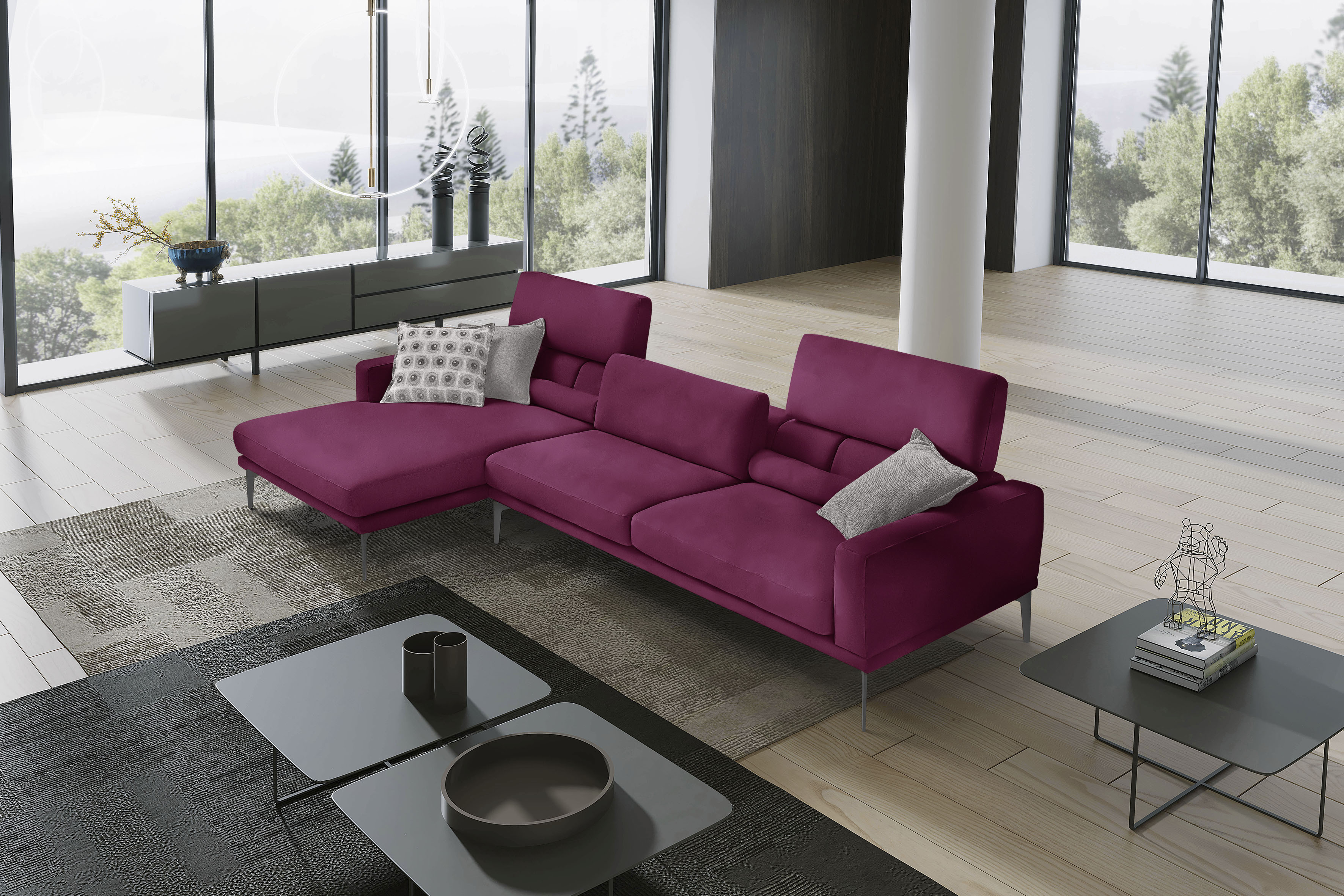 Egoitaliano Ecksofa "Masu, Design trifft sensationellen Sitzkomfort, Breite 277cm, L-Form" inkl. 2 Kissenrollen, Rückenelemente manuell verstellbar, Metallfüße