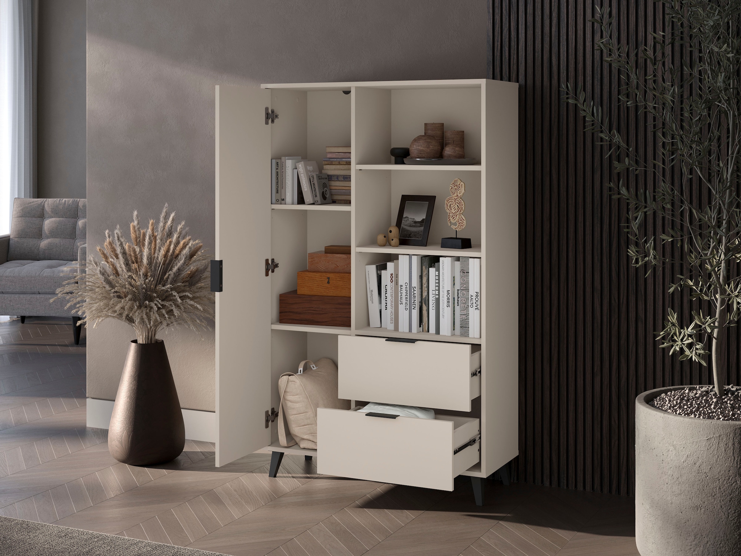 OTTO home Highboard »Oslo, B/H/T: 85/140/33 cm« 1 Stk. tlg. Schublade, höhenverstellbare Einlegeböden, schwarze Metallgriffe