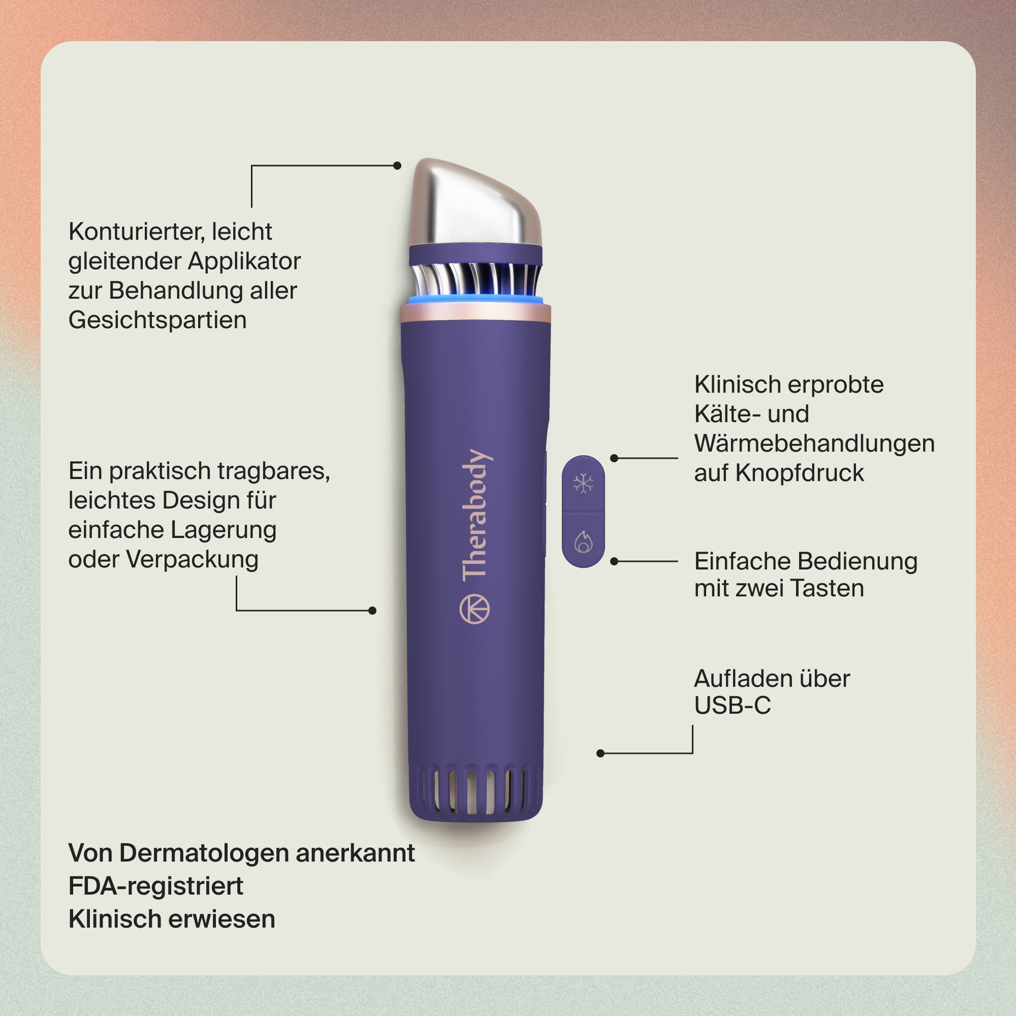 Therabody Anti-Aging-Gerät »Theraface Depuffing Wand Kälte- und Wärmebehandlungen für das Gesicht«, Verbessert die Strahlkraft, reduziert Augenringe und Schwellungen