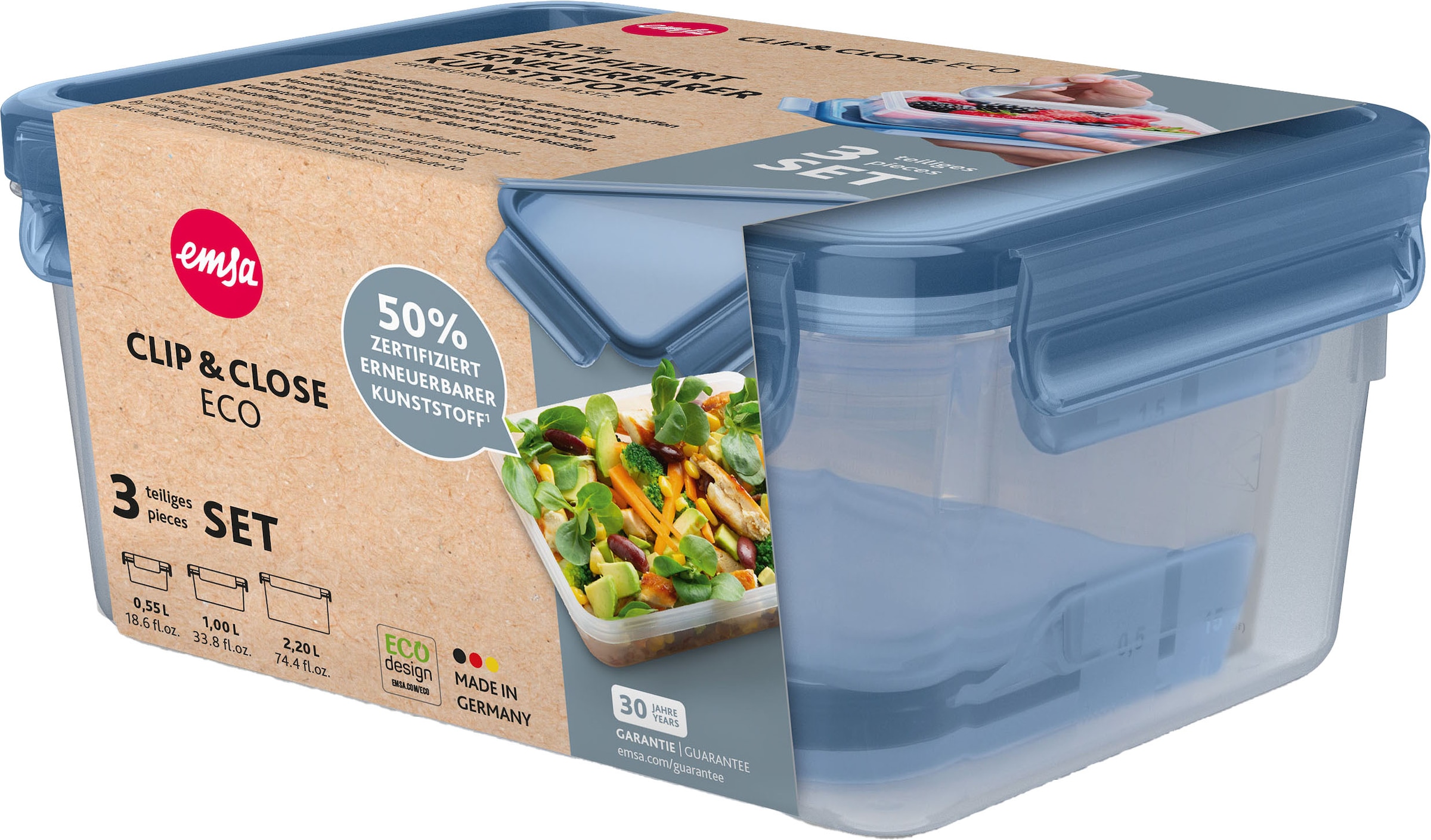 Emsa Frischhaltedose »Clip & Close Eco«, (Set, 3 tlg.), 0,55/1/2,2 l, 100% dicht, mikrowellen-/spülmaschinen-/gefriergeeignet