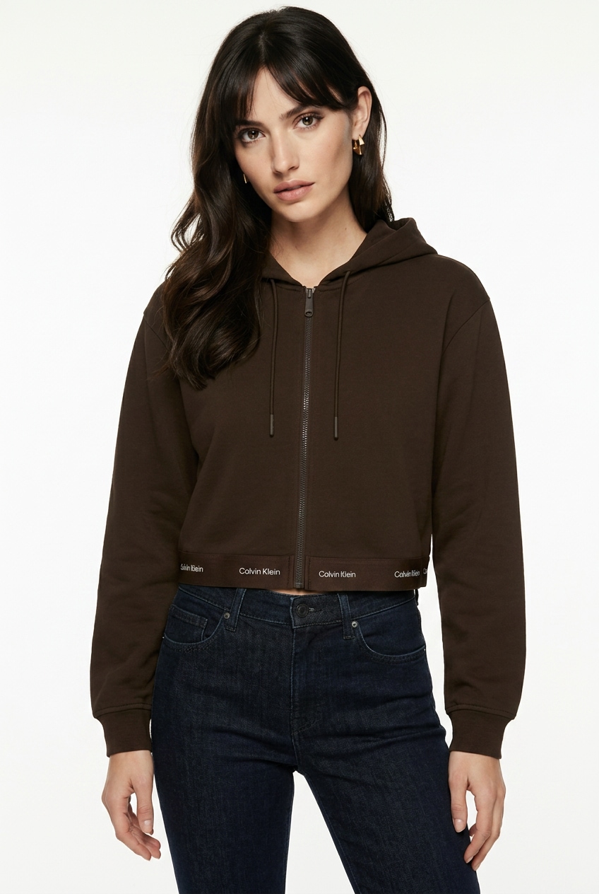 Calvin Klein Jeans Kapuzensweatjacke "LOGO WAIST CROPPED" mit Kapuze, kurze From, Logoschriftzug am Bund