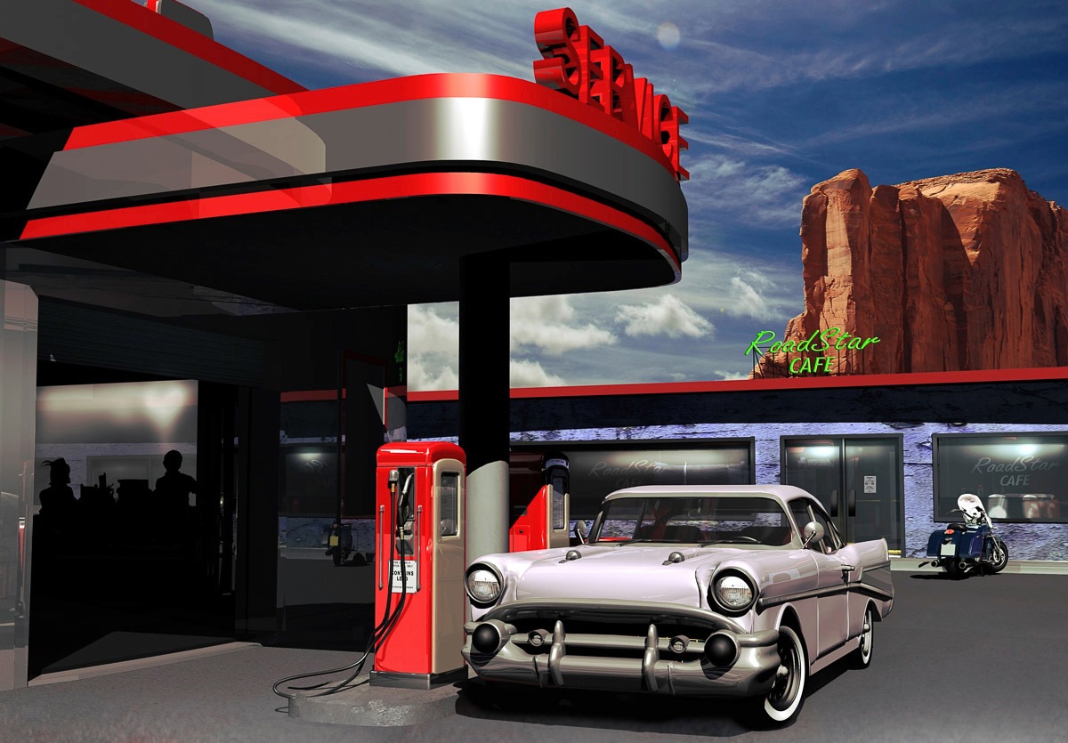 PAPERMOON Fototapete "Tankstelle", B/L: 5mm x 2,8mm, Bahnen: 10 Stk. St., bunt, Schlafzimmer, Tapeten