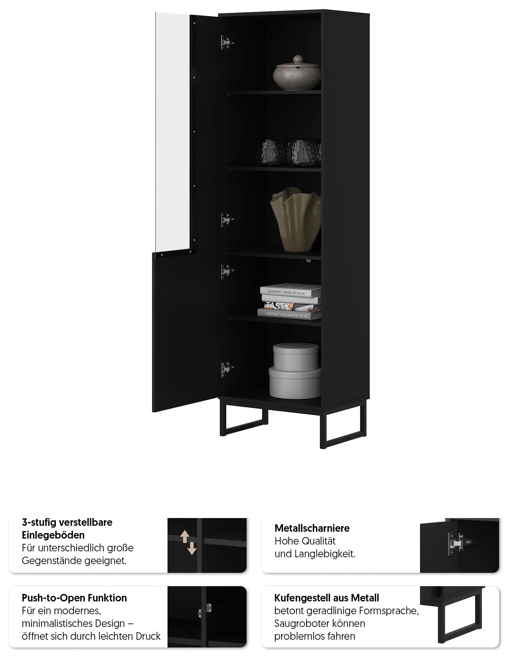 OTTO home Vitrine »Olbia, Höhe 180cm, Standvitrine mit Glastür, Metallkufen, push-to-open« Hochschrank mit viel Stauraum, Glastür, verstellbaren Einlegeböden