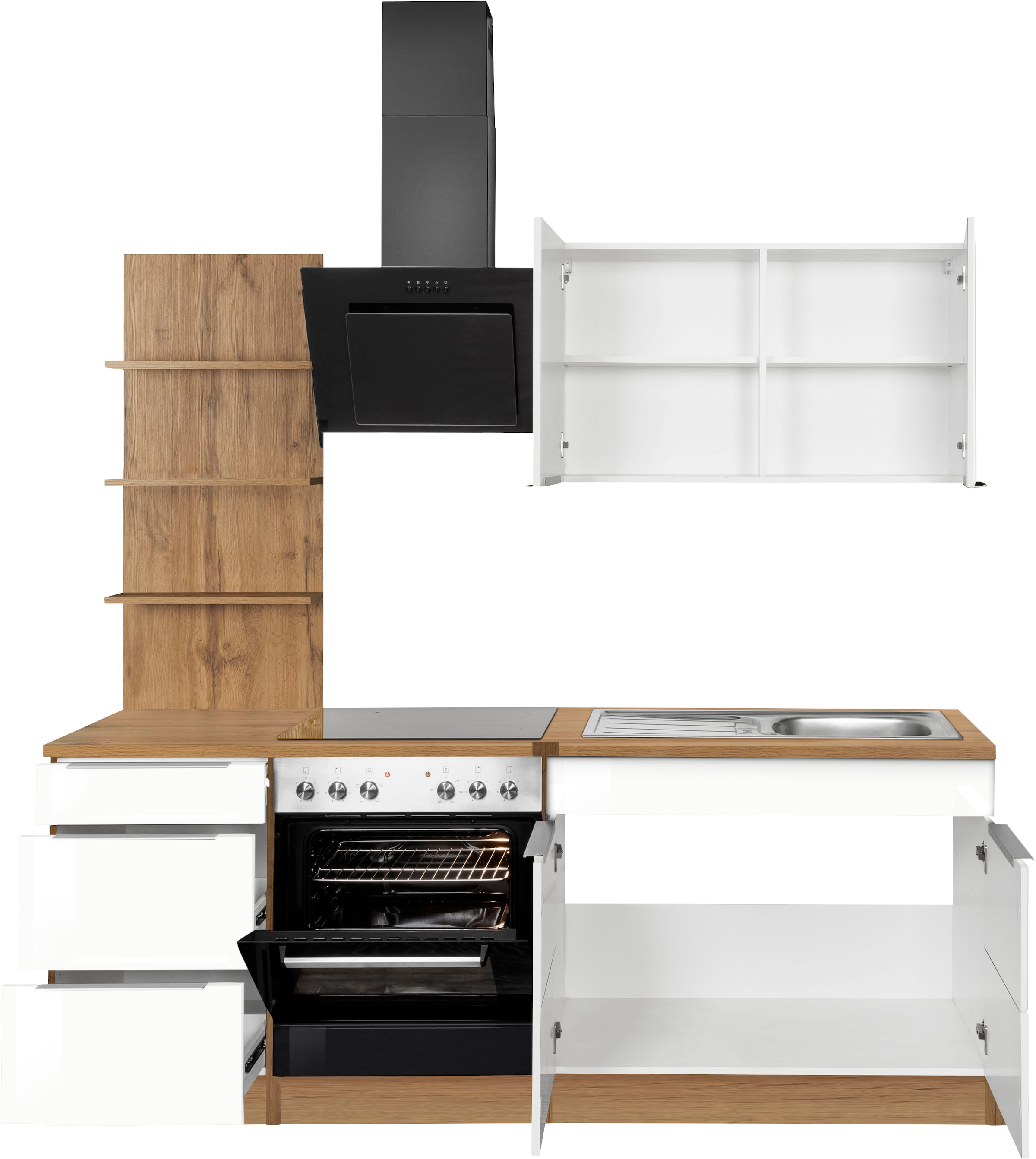 KOCHSTATION Küchenzeile »KS-Brindisi«, Breite 210 cm, wahlweise mit E-Geräten, mit MDF-Fronten und Regal