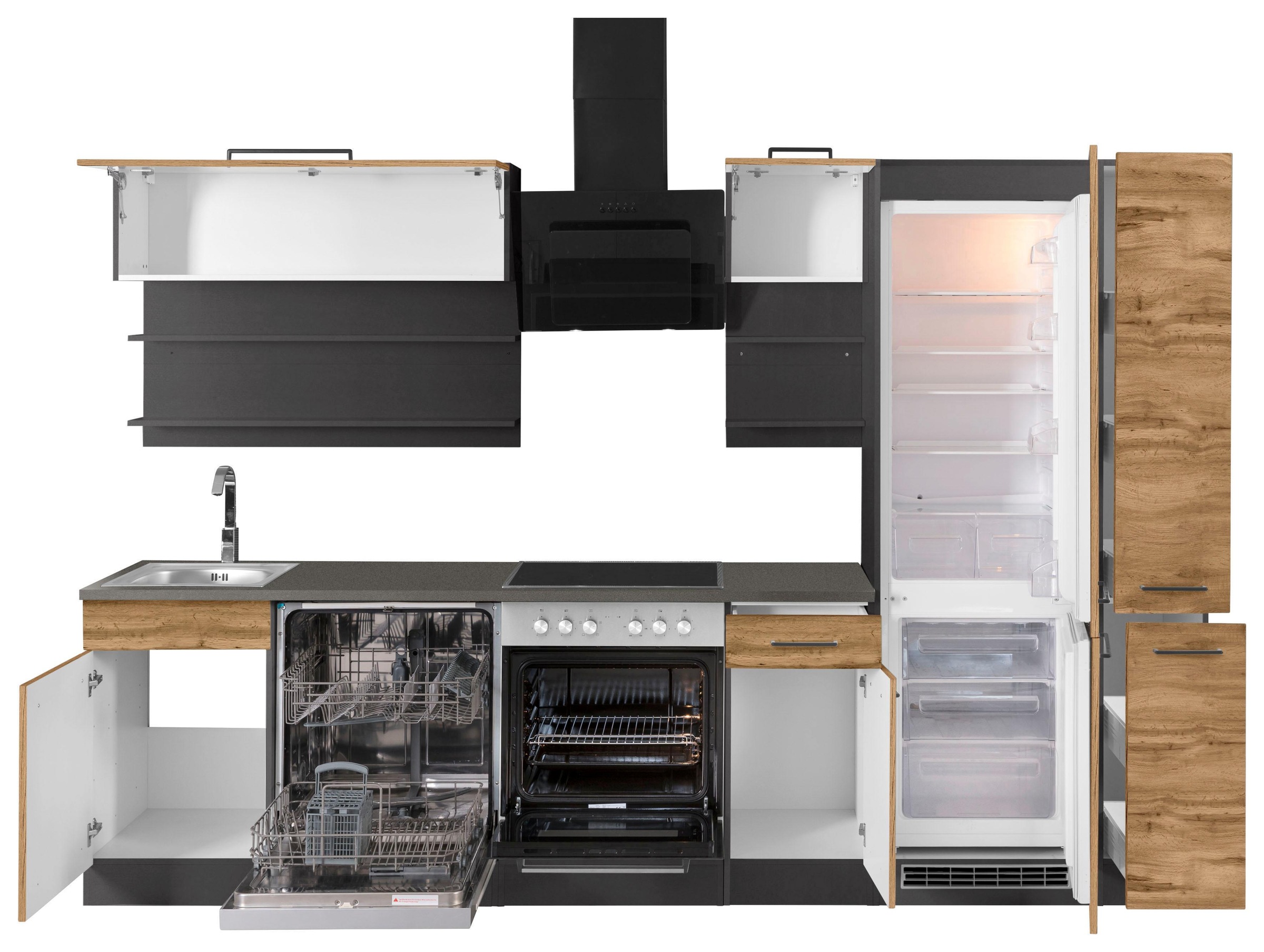 KOCHSTATION Küchenzeile »KS-Tulsa«, ohne E-Geräte, Breite 300 cm, schwarze Metallgriffe, MDF Fronten